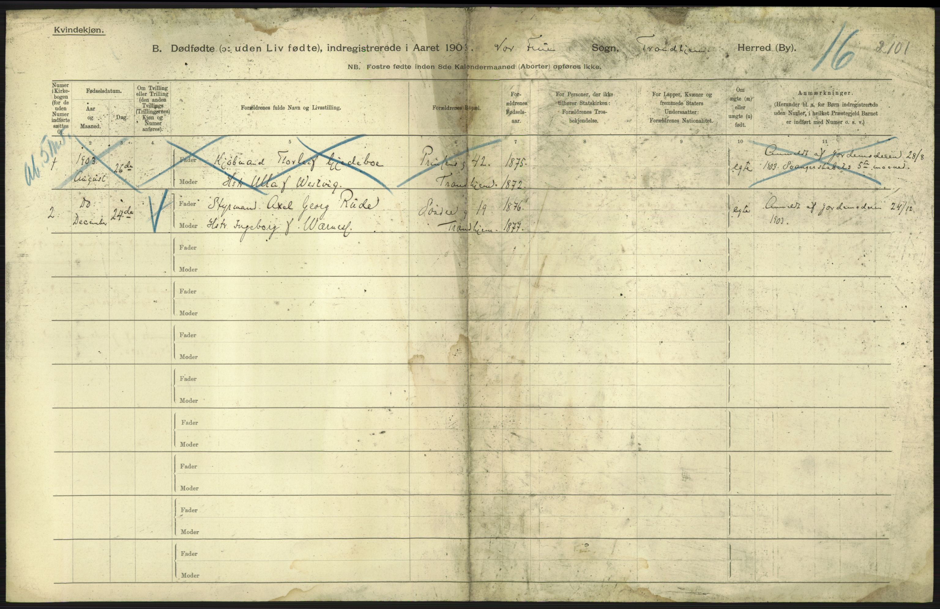 Statistisk sentralbyrå, Sosiodemografiske emner, Befolkning, RA/S-2228/D/Df/Dfa/Dfaa/L0026: Smålenenes - Finnmarkens amt: Dødfødte. Byer., 1903, p. 223