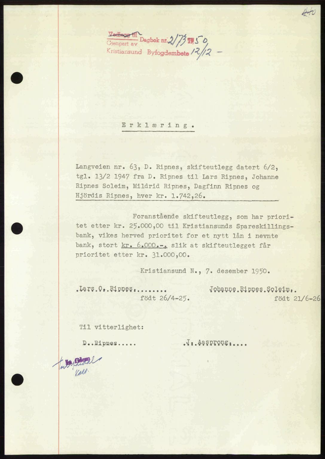 Kristiansund byfogd, AV/SAT-A-4587/A/27: Mortgage book no. 50, 1950-1950, Diary no: : 2173/1950