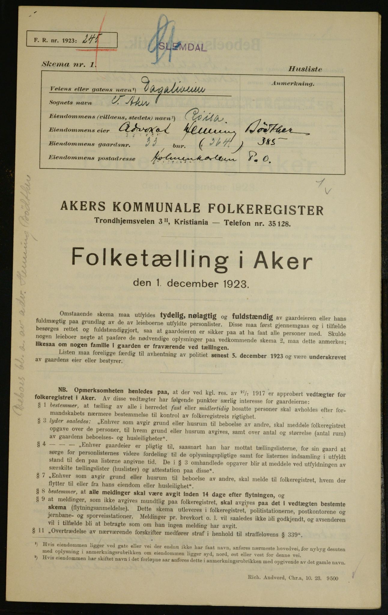 , Municipal Census 1923 for Aker, 1923, p. 8840