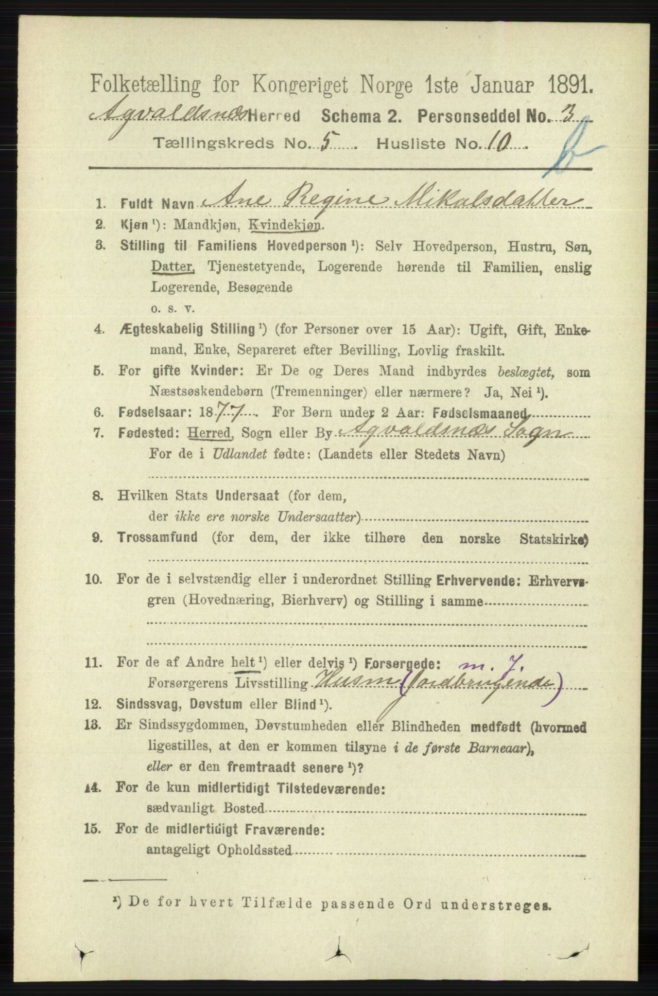 RA, 1891 census for 1147 Avaldsnes, 1891, p. 3070