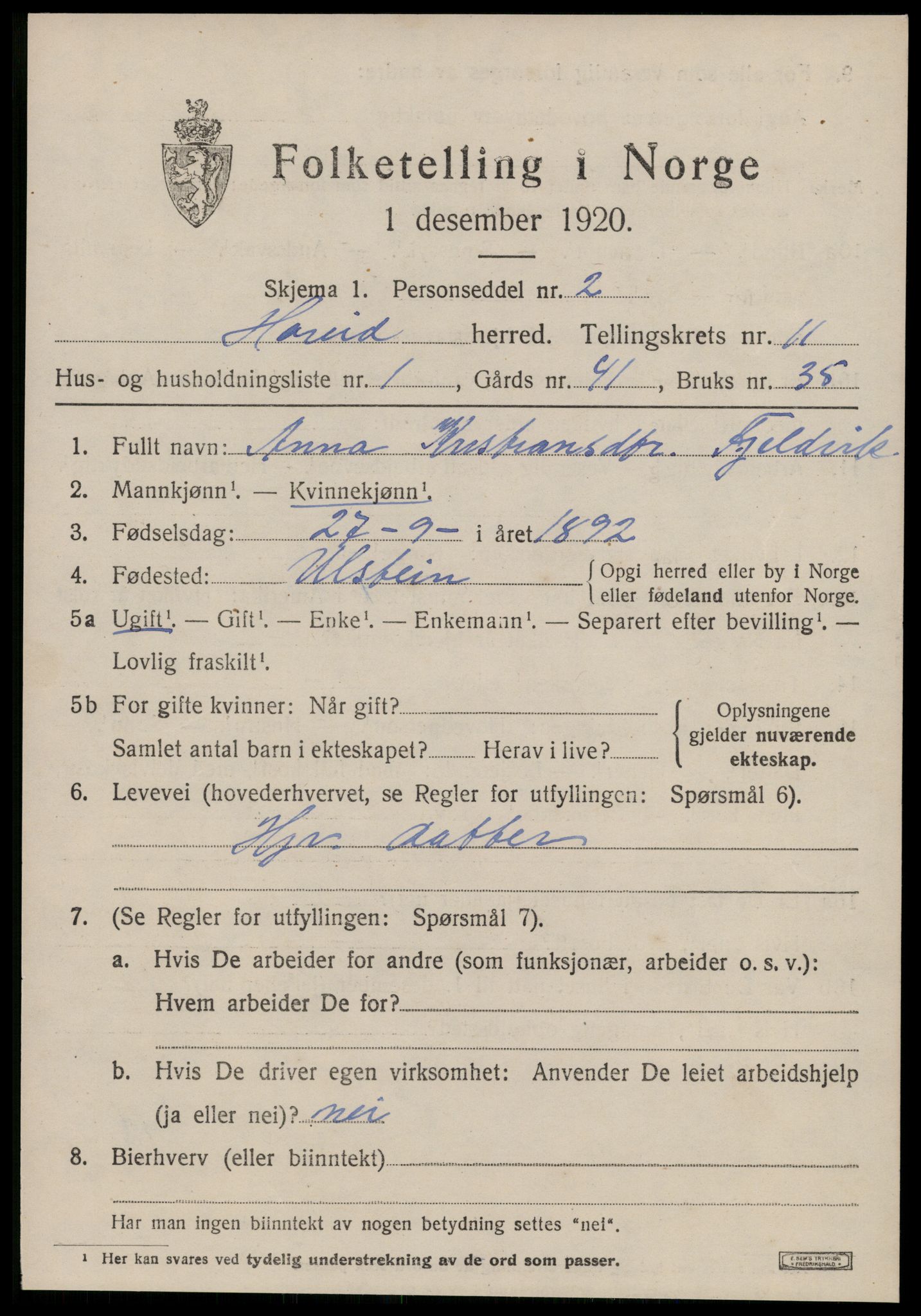 SAT, 1920 census for Hareid, 1920, p. 3985