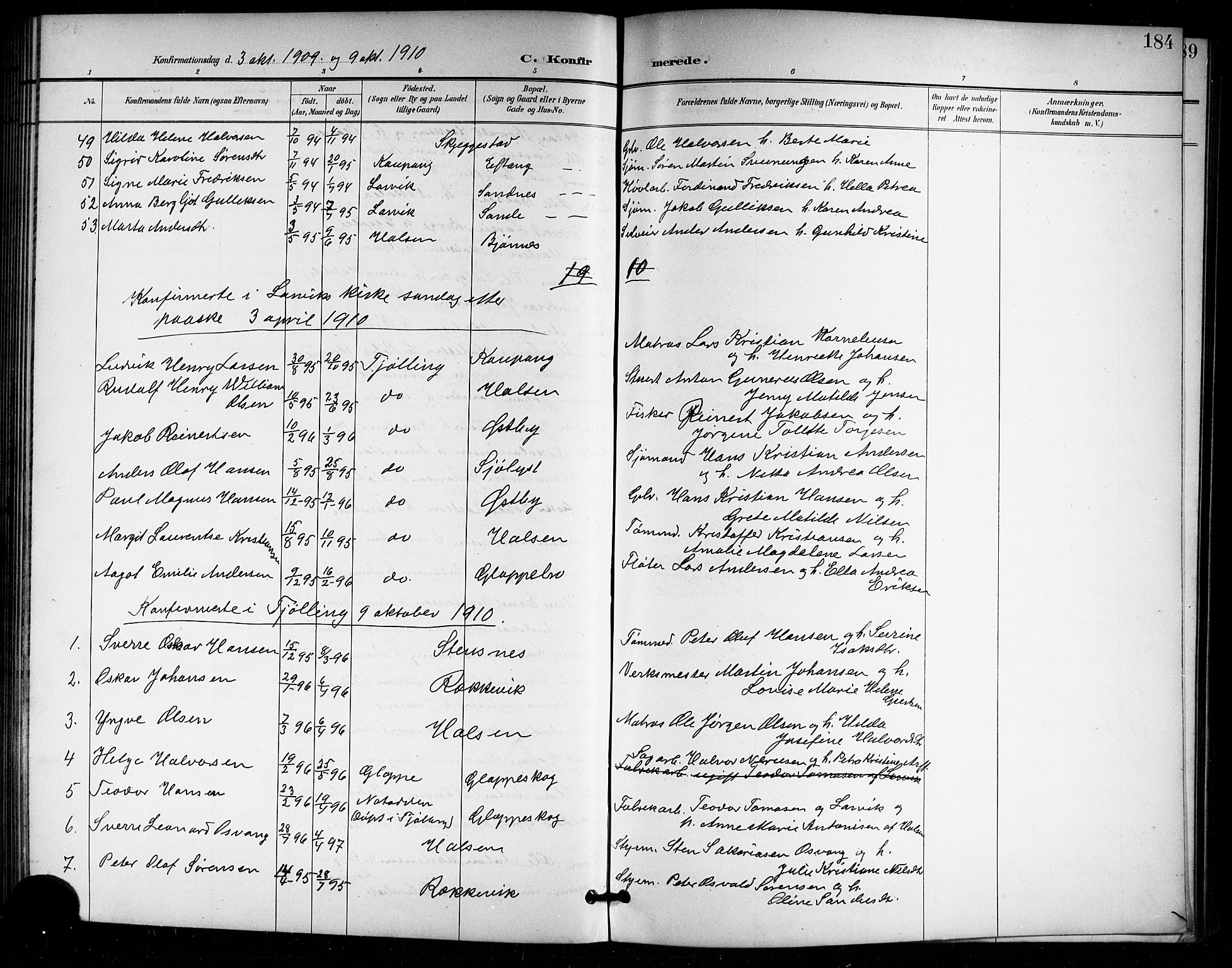 Tjølling kirkebøker, SAKO/A-60/G/Ga/L0002: Parish register (copy) no. 2, 1895-1918, p. 184