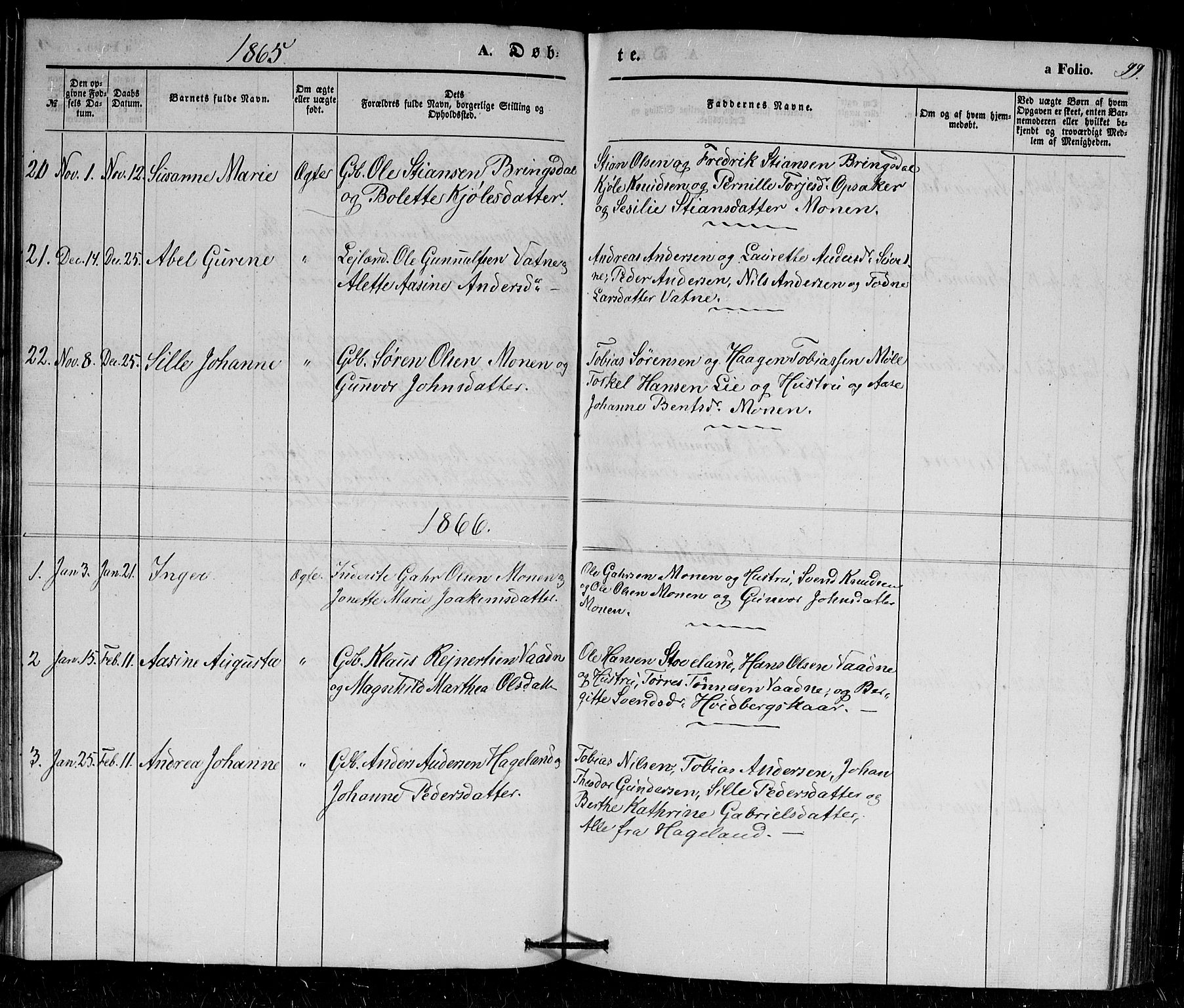 Holum sokneprestkontor, SAK/1111-0022/F/Fb/Fba/L0003: Parish register (copy) no. B 3, 1850-1866, p. 99