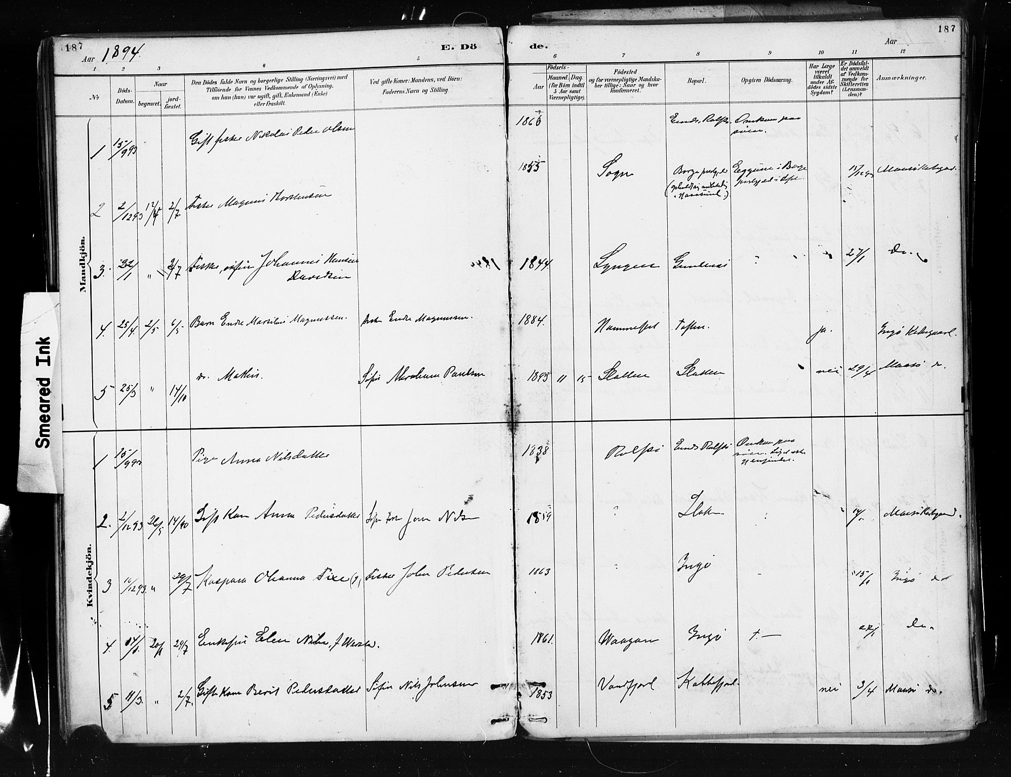 Måsøy sokneprestkontor, SATØ/S-1348/H/Ha/L0005kirke: Parish register (official) no. 5, 1892-1902, p. 187