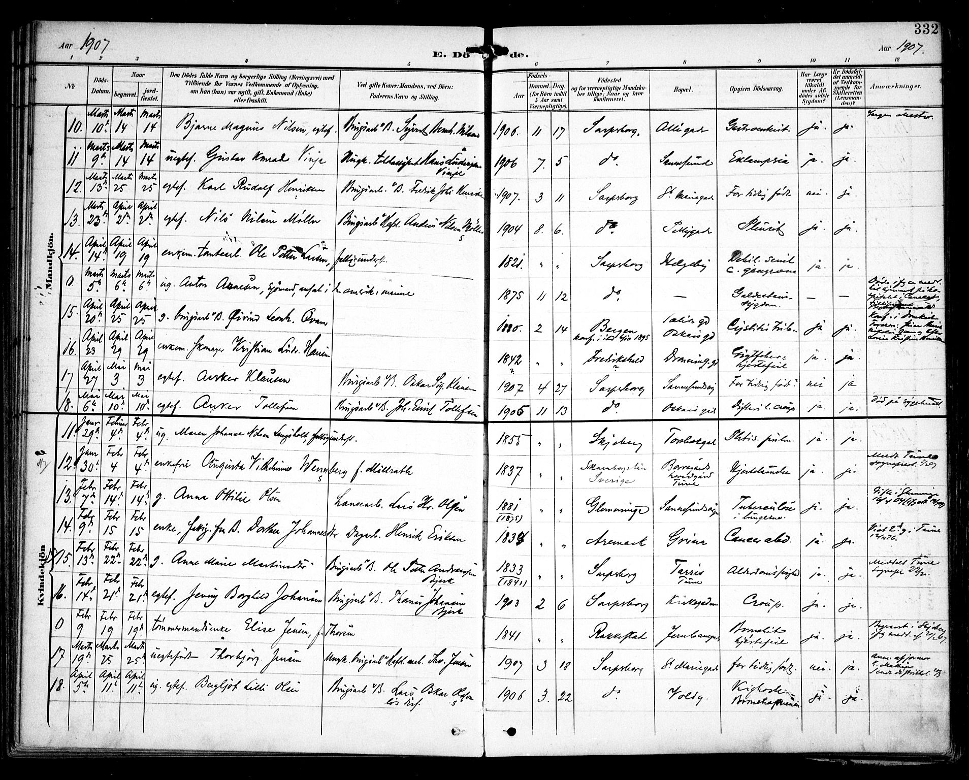 Sarpsborg prestekontor Kirkebøker, AV/SAO-A-2006/F/Fa/L0006: Parish register (official) no. 6, 1900-1909, p. 332