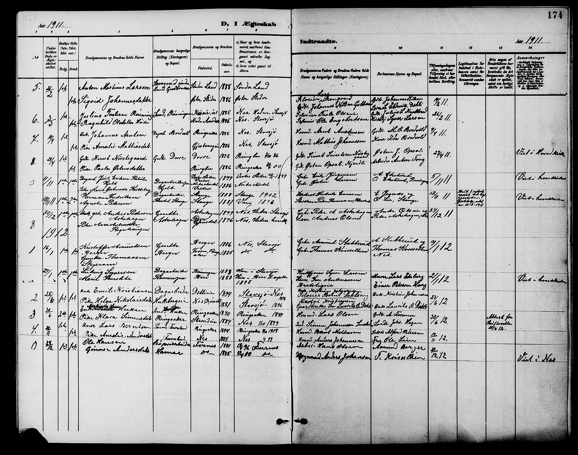 Nes prestekontor, Hedmark, AV/SAH-PREST-020/L/La/L0007: Parish register (copy) no. 7, 1892-1912, p. 174