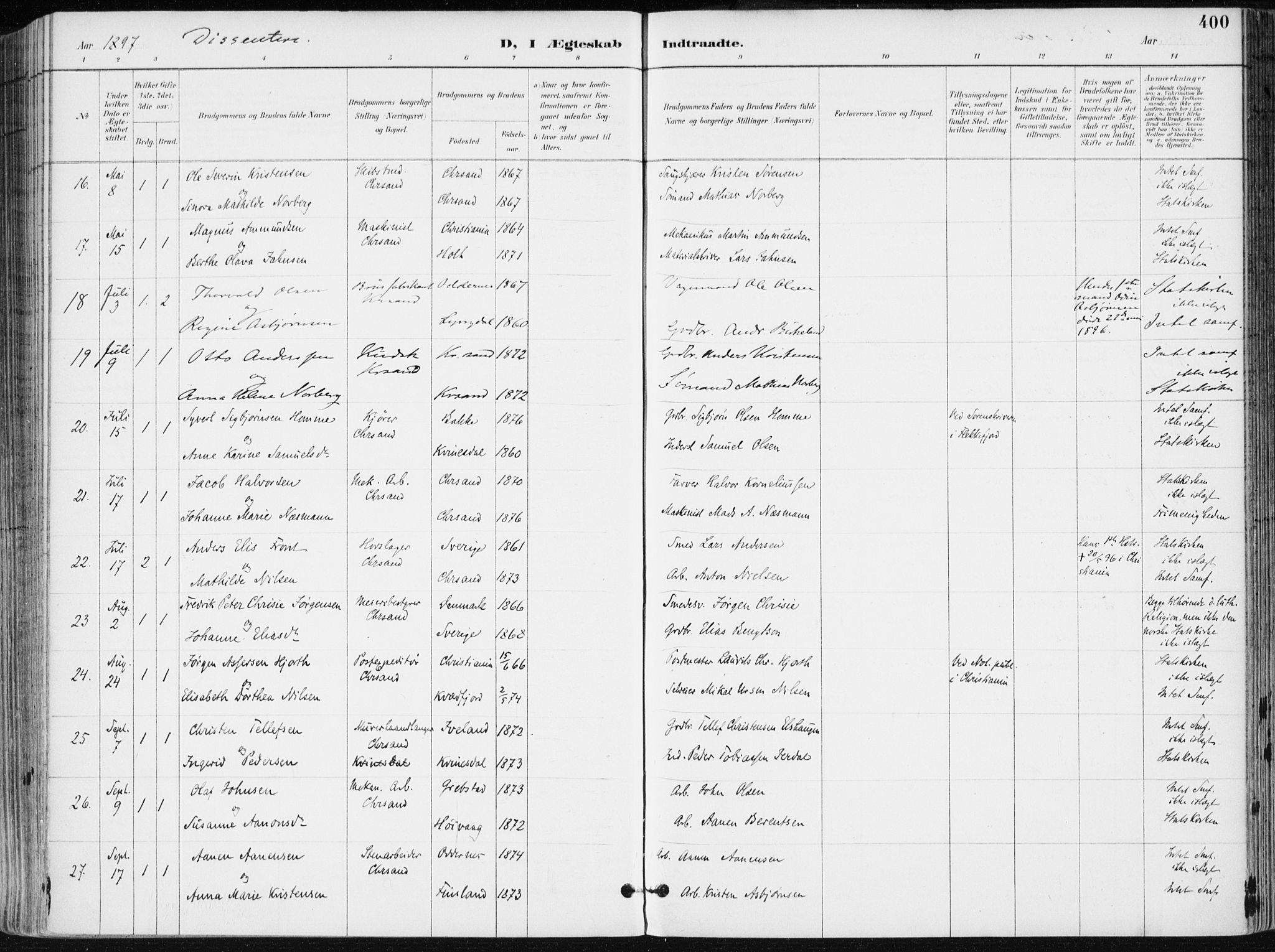 Kristiansand domprosti, AV/SAK-1112-0006/F/Fa/L0019: Parish register (official) no. A 18, 1890-1897, p. 400