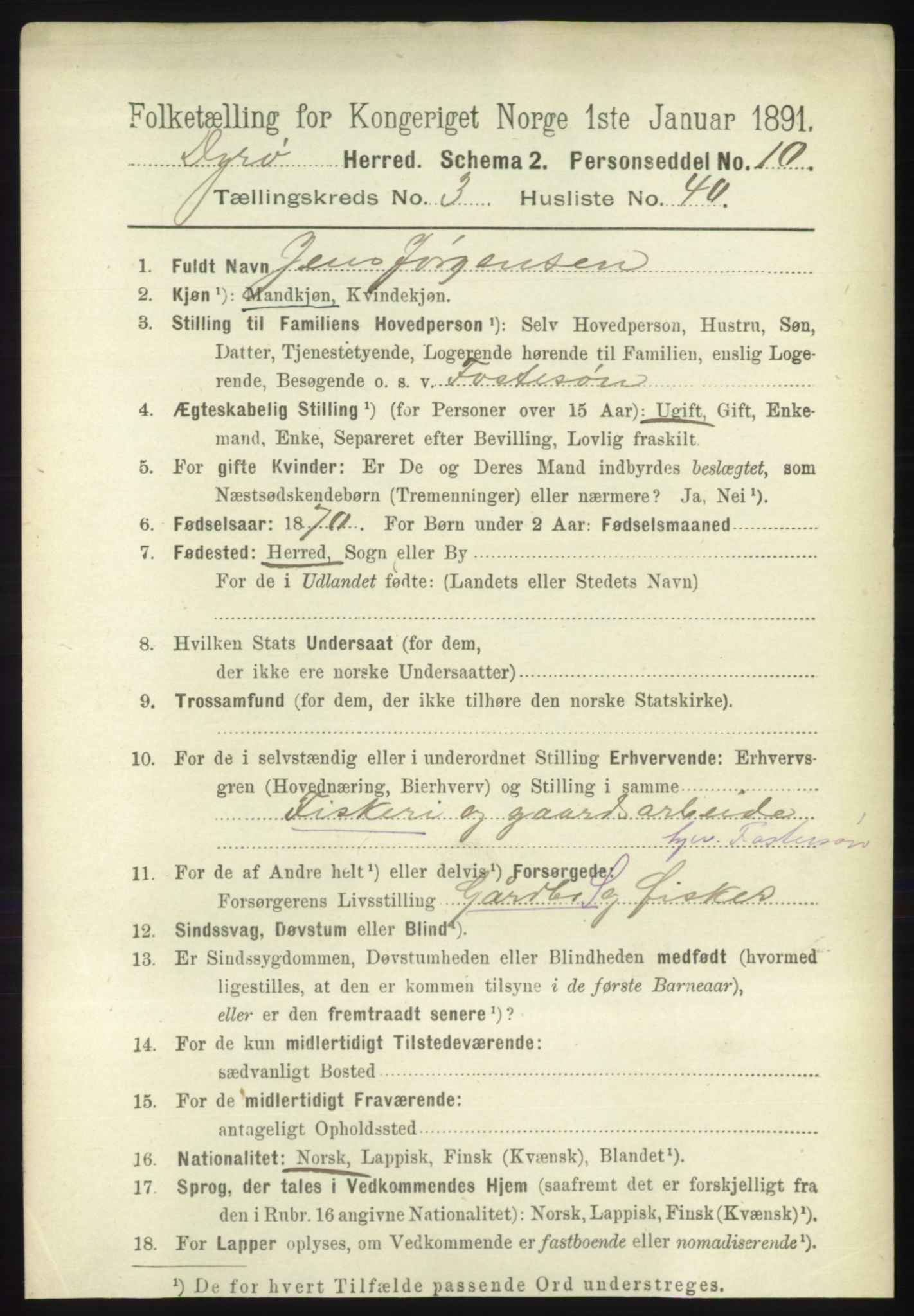 RA, 1891 census for 1926 Dyrøy, 1891, p. 1448