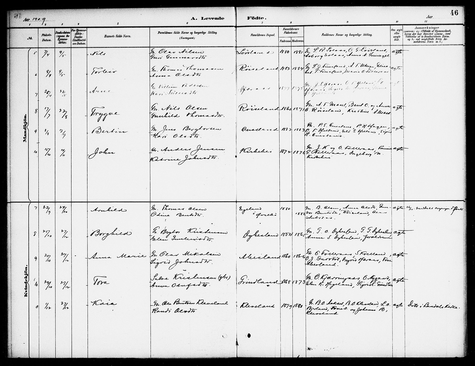 Bjelland sokneprestkontor, AV/SAK-1111-0005/F/Fa/Fab/L0004: Parish register (official) no. A 4, 1887-1920, p. 46