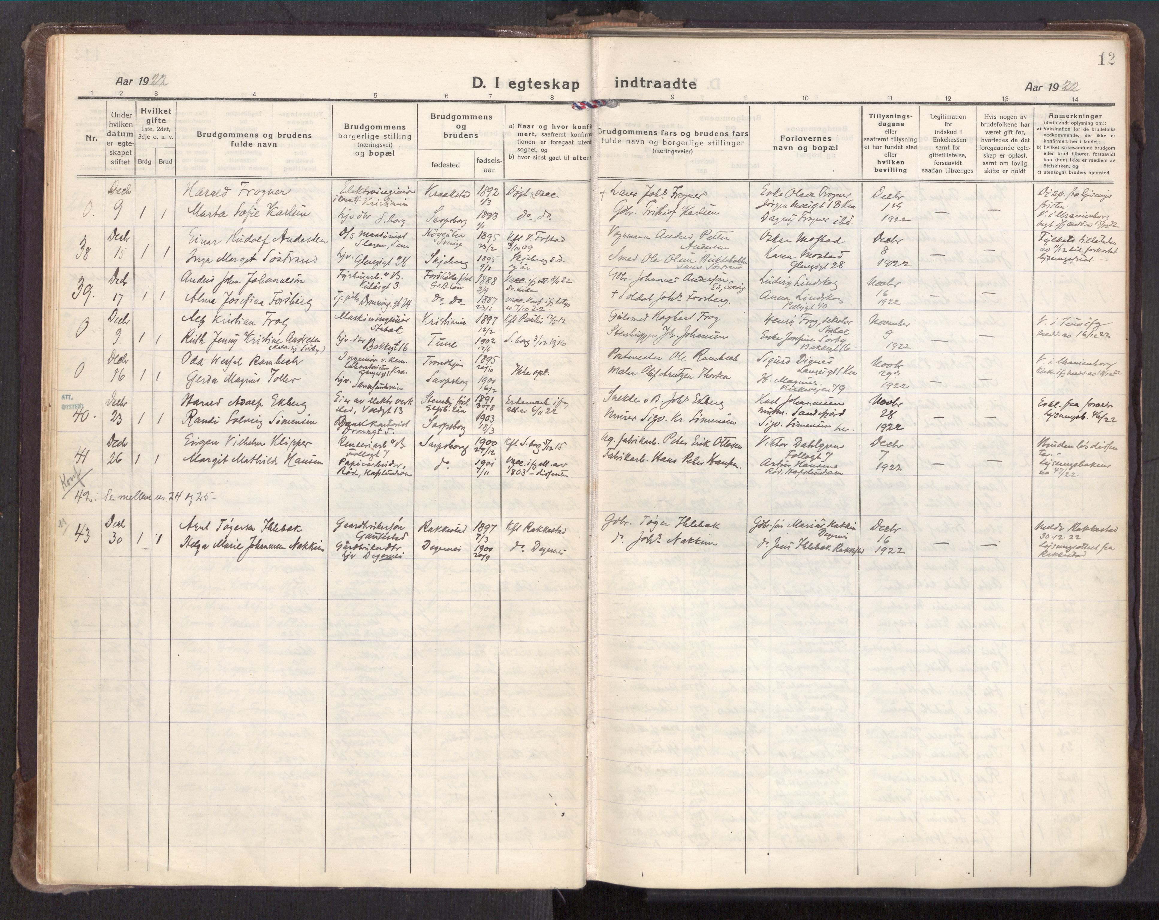 Sarpsborg prestekontor Kirkebøker, AV/SAO-A-2006/F/Fa/L0009: Parish register (official) no. 9, 1919-1931, p. 12