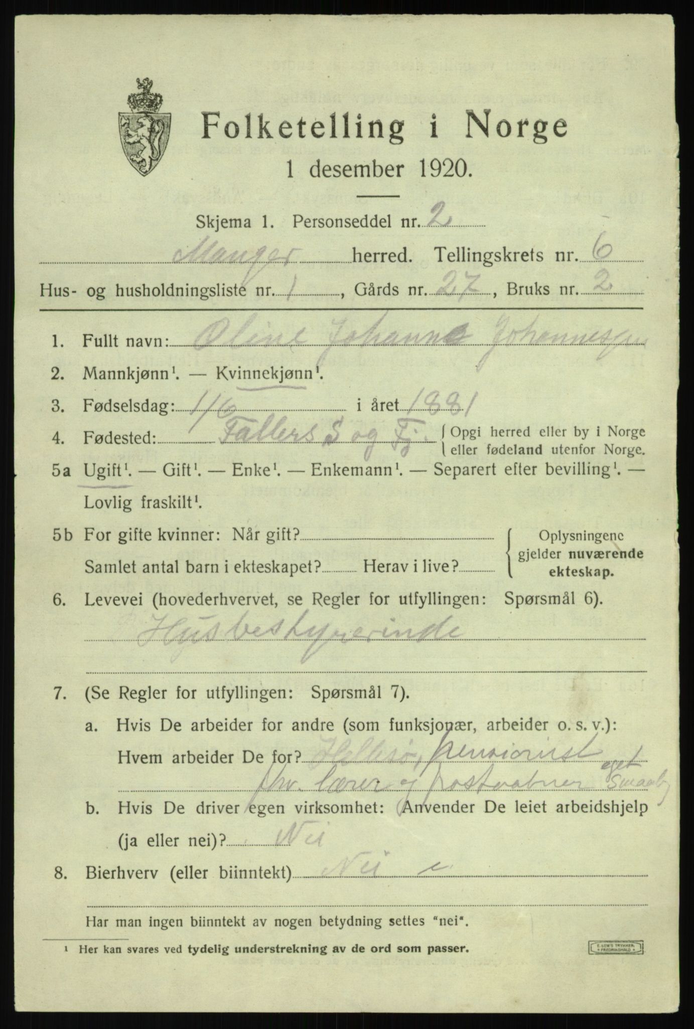 SAB, 1920 census for Manger, 1920, p. 3893