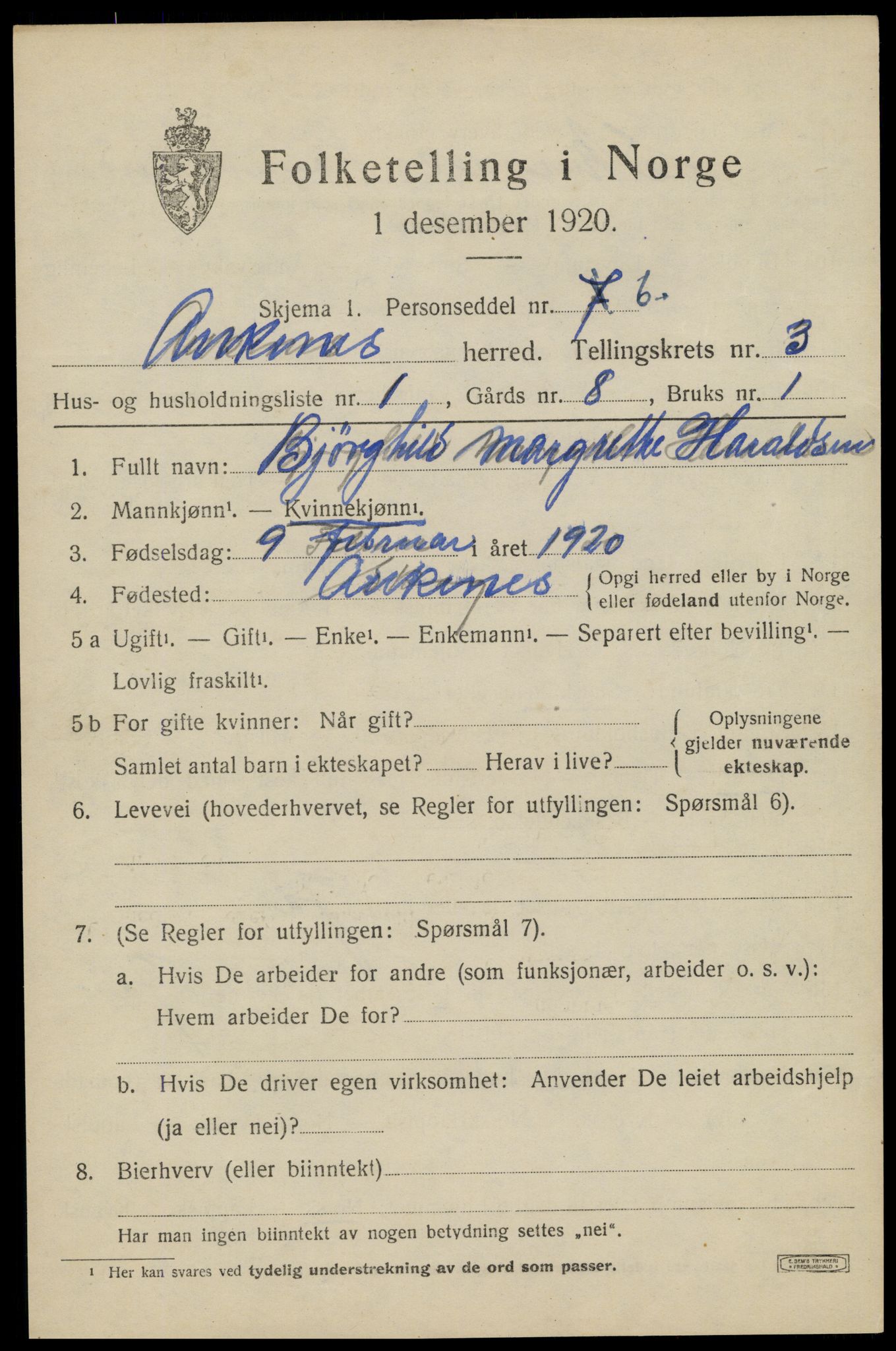 SAT, 1920 census for Ankenes, 1920, p. 1711