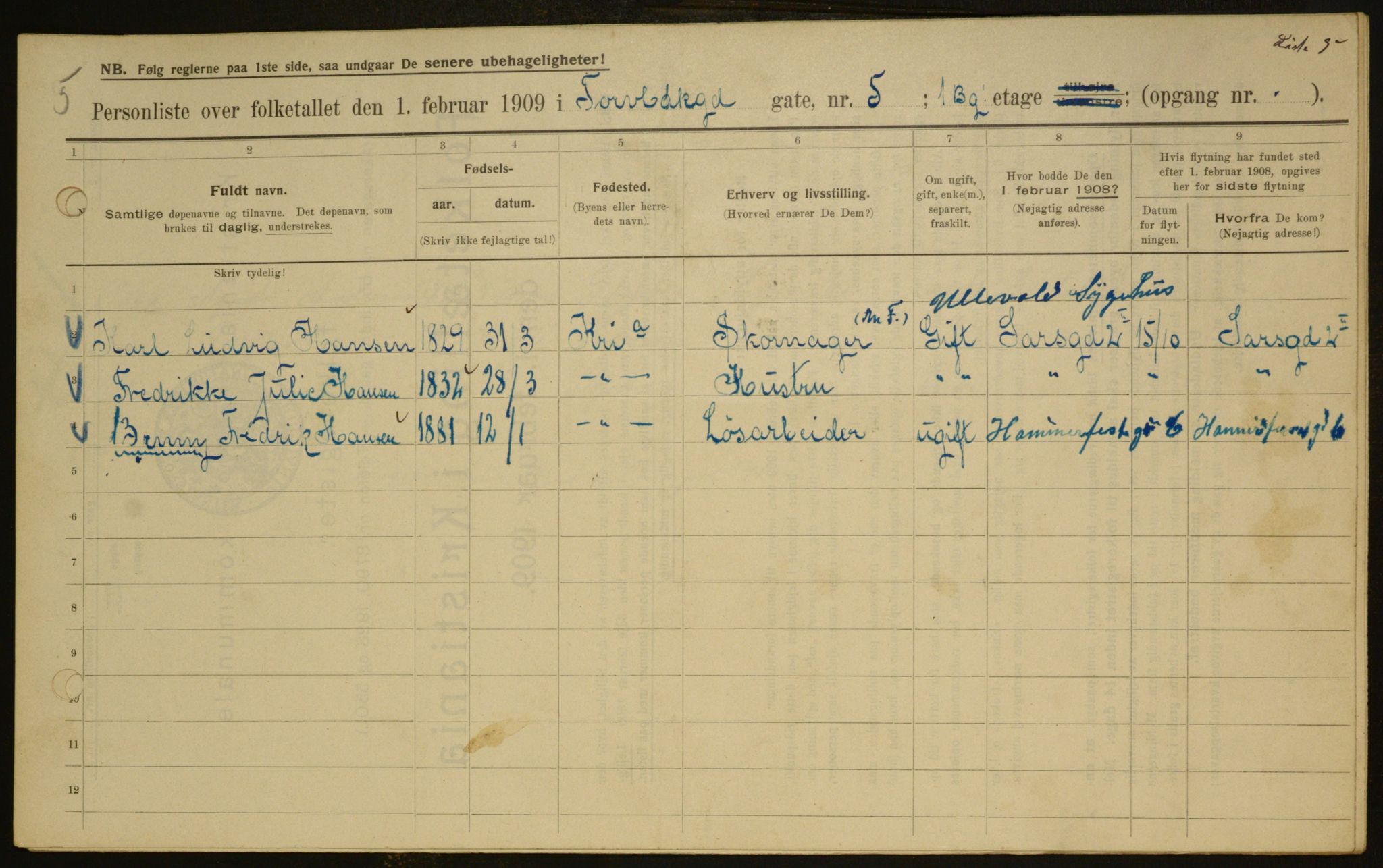 OBA, Municipal Census 1909 for Kristiania, 1909, p. 104394