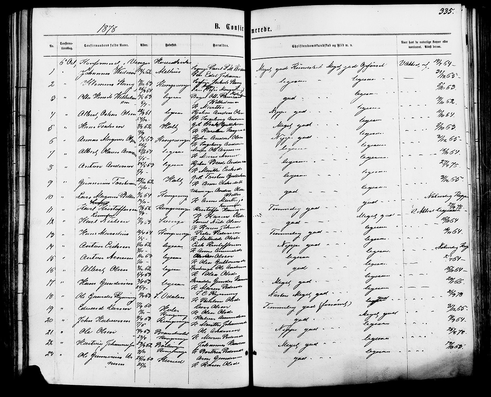 Vinger prestekontor, SAH/PREST-024/H/Ha/Haa/L0012: Parish register (official) no. 12, 1871-1880, p. 335