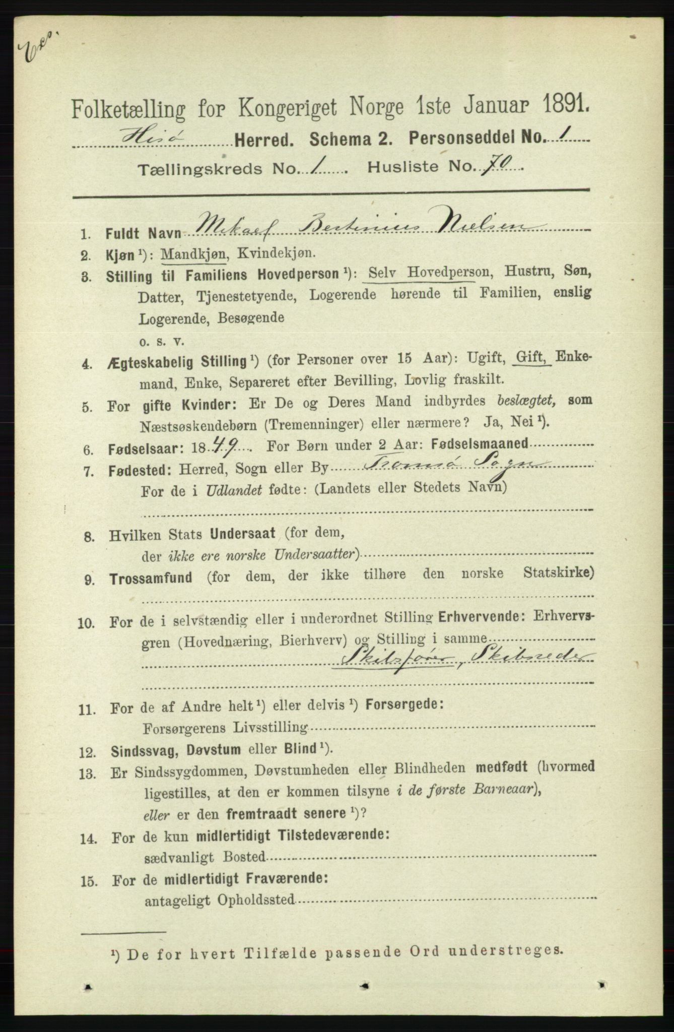 RA, Census 1891 for Nedenes amt: Gjenparter av personsedler for beslektede ektefeller, menn, 1891, p. 588