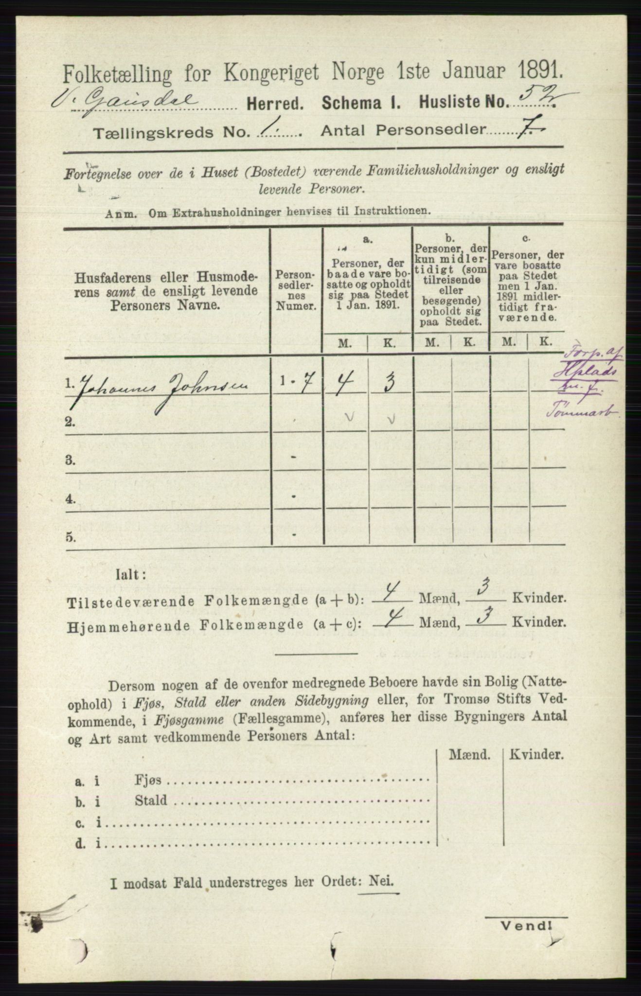 RA, 1891 census for 0523 Vestre Gausdal, 1891, p. 75