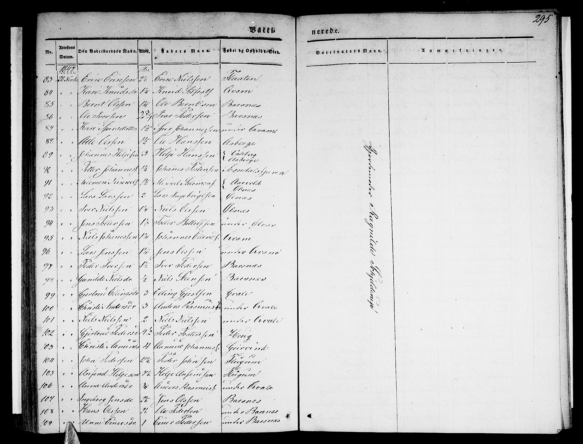 Sogndal sokneprestembete, AV/SAB-A-81301/H/Haa/Haaa/L0011: Parish register (official) no. A 11, 1839-1847, p. 295