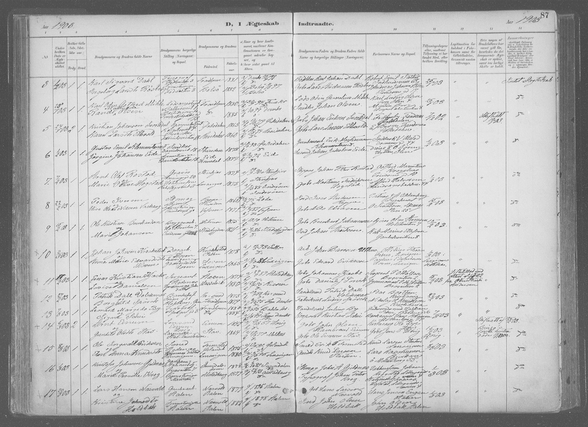Ministerialprotokoller, klokkerbøker og fødselsregistre - Sør-Trøndelag, SAT/A-1456/601/L0064: Parish register (official) no. 601A31, 1891-1911, p. 87