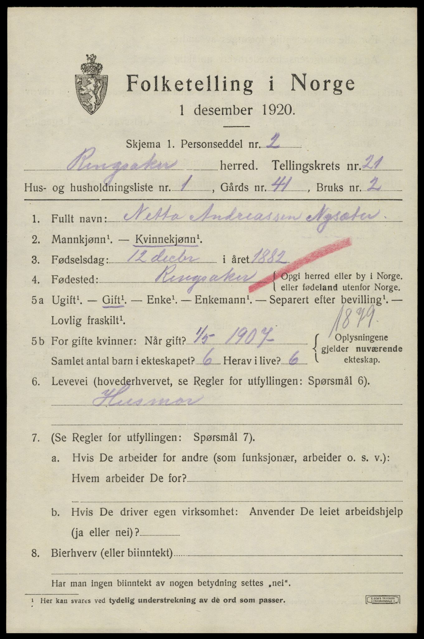 SAH, 1920 census for Ringsaker, 1920, p. 28600