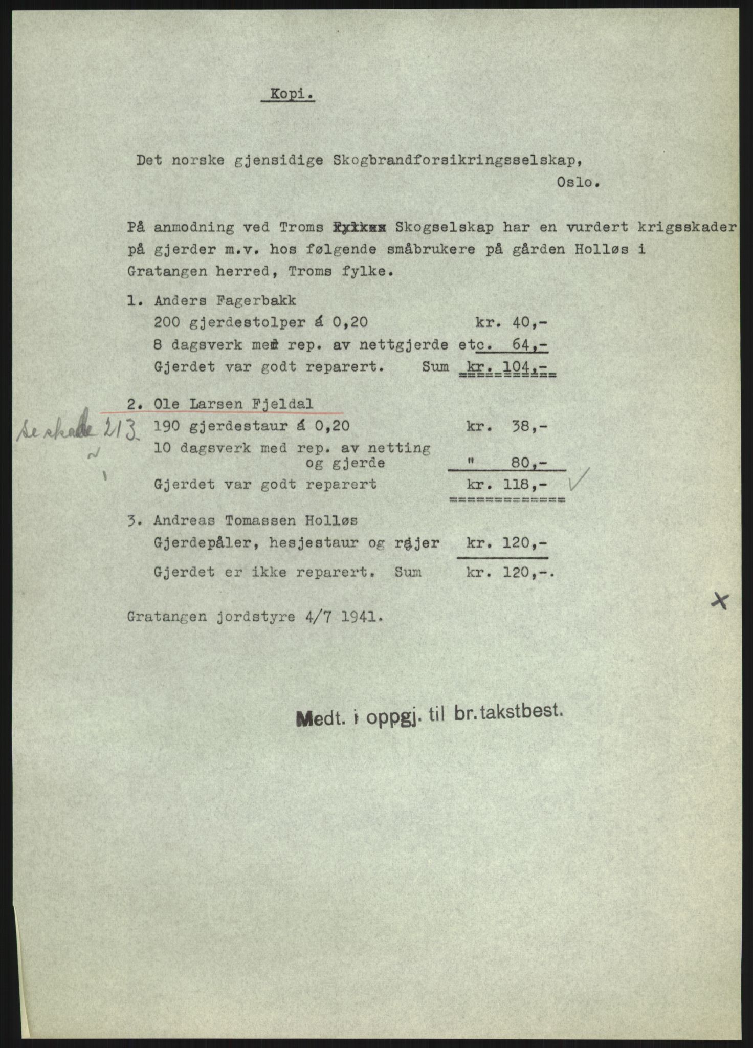 Forsvarsdepartementet, 10. kontor / Oppgjørskontoret, AV/RA-RAFA-1225/D/Dd/L0480: Troms, 1942-1953, p. 30