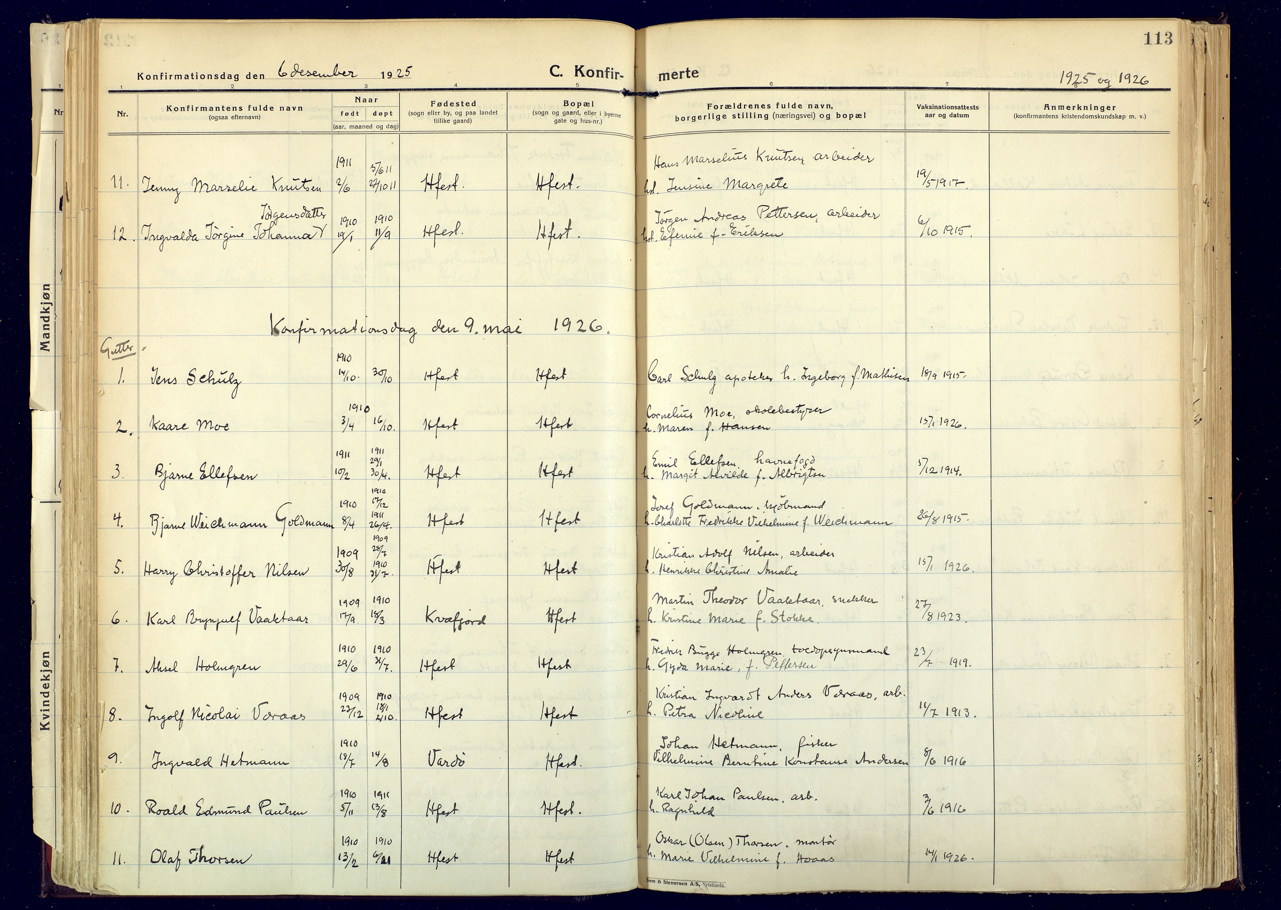 Hammerfest sokneprestkontor, AV/SATØ-S-1347/H/Ha/L0017.kirke: Parish register (official) no. 17, 1923-1933, p. 113