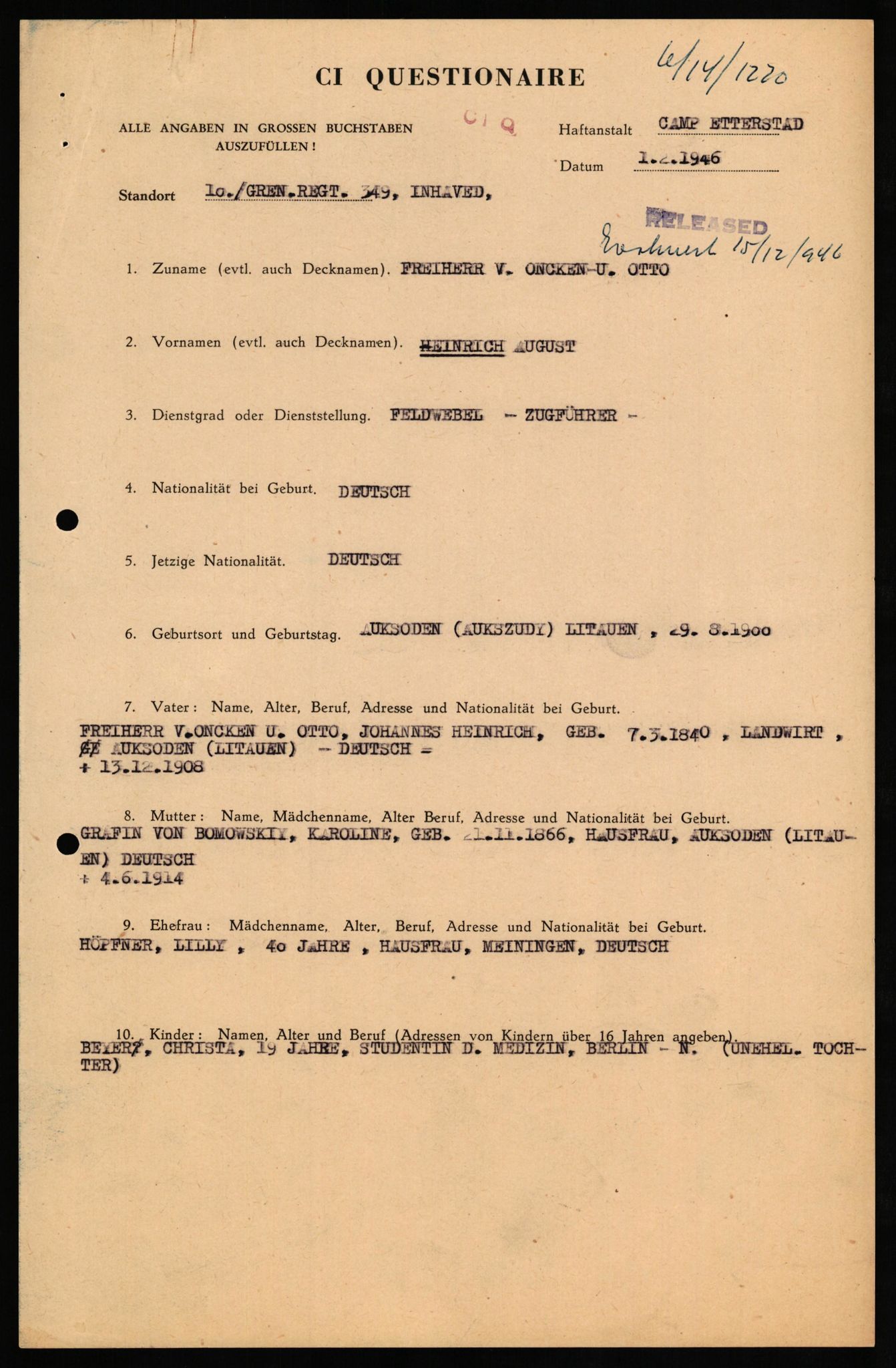 Forsvaret, Forsvarets overkommando II, AV/RA-RAFA-3915/D/Db/L0025: CI Questionaires. Tyske okkupasjonsstyrker i Norge. Tyskere., 1945-1946, p. 272