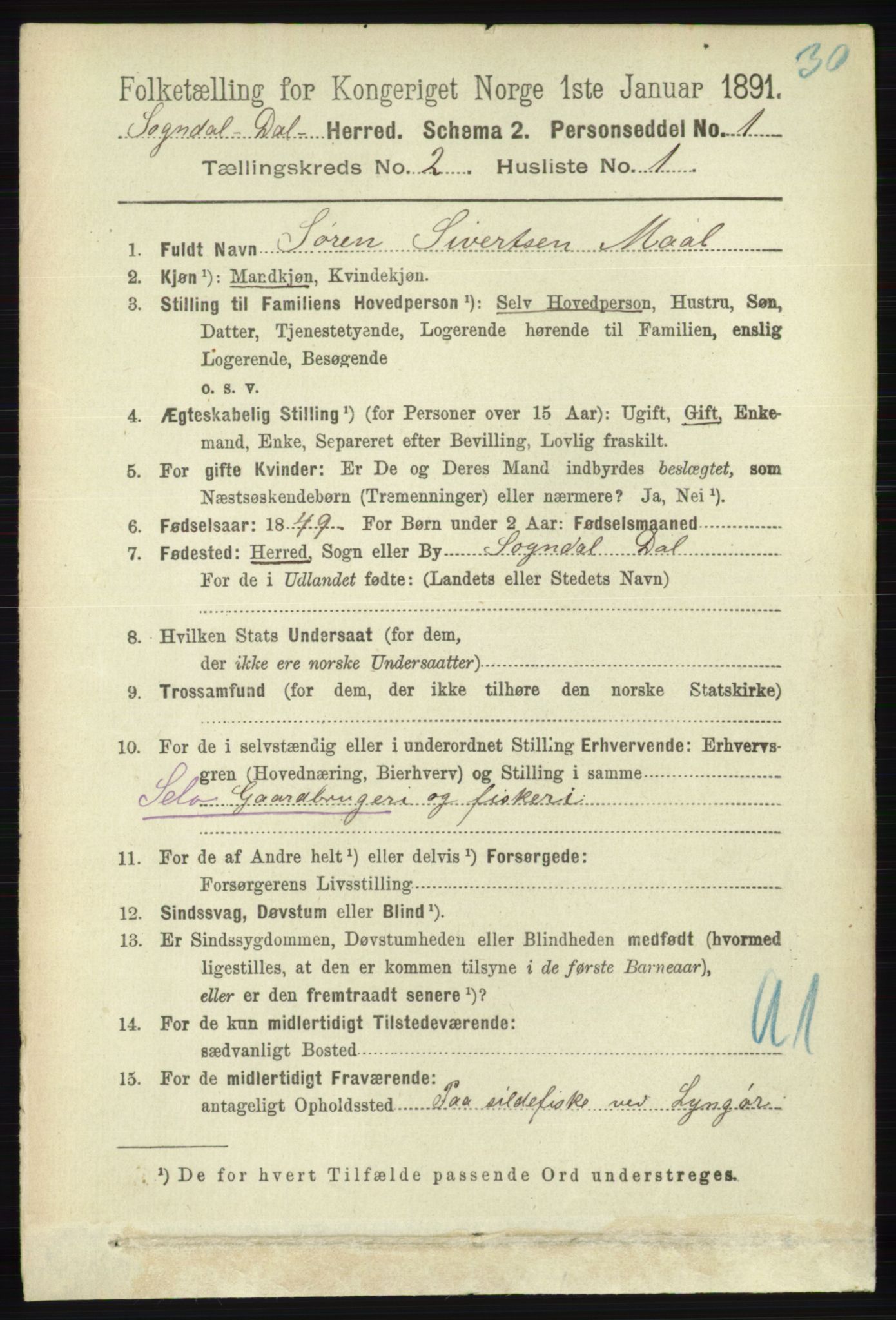 RA, 1891 census for 1111 Sokndal, 1891, p. 466