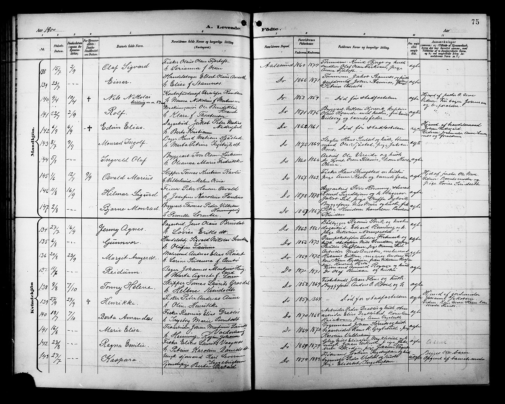 Ministerialprotokoller, klokkerbøker og fødselsregistre - Møre og Romsdal, AV/SAT-A-1454/529/L0468: Parish register (copy) no. 529C05, 1897-1908, p. 75