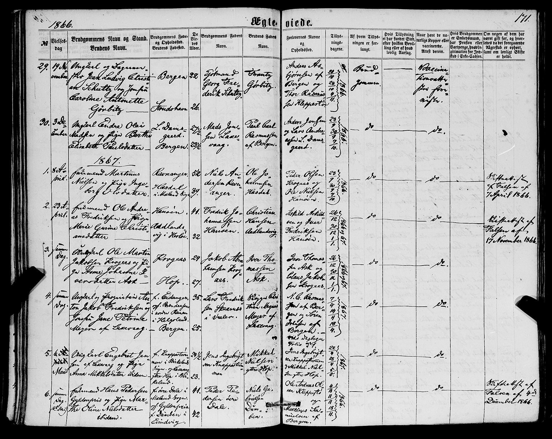 Askøy Sokneprestembete, AV/SAB-A-74101/H/Ha/Haa/Haaa/L0009: Parish register (official) no. A 9, 1863-1877, p. 171