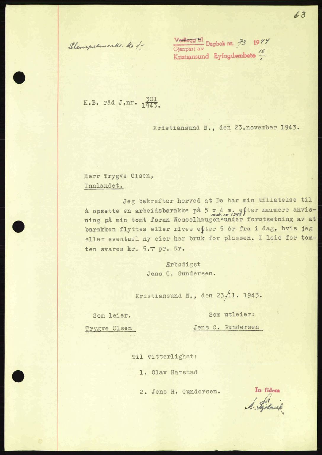 Kristiansund byfogd, AV/SAT-A-4587/A/27: Mortgage book no. 37-38, 1943-1945, Diary no: : 73/1944