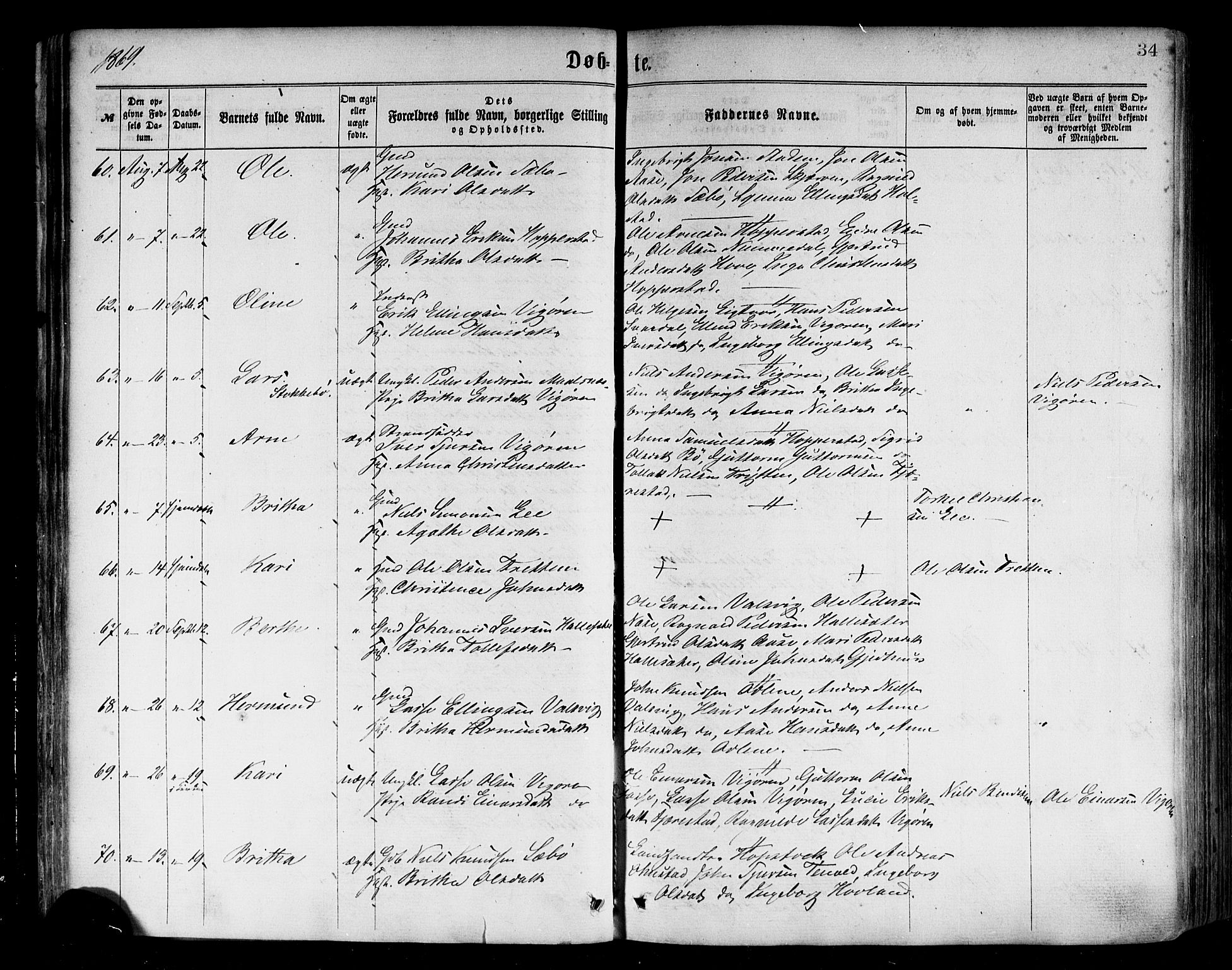 Vik sokneprestembete, AV/SAB-A-81501/H/Haa/Haaa/L0009: Parish register (official) no. A 9, 1866-1877, p. 34