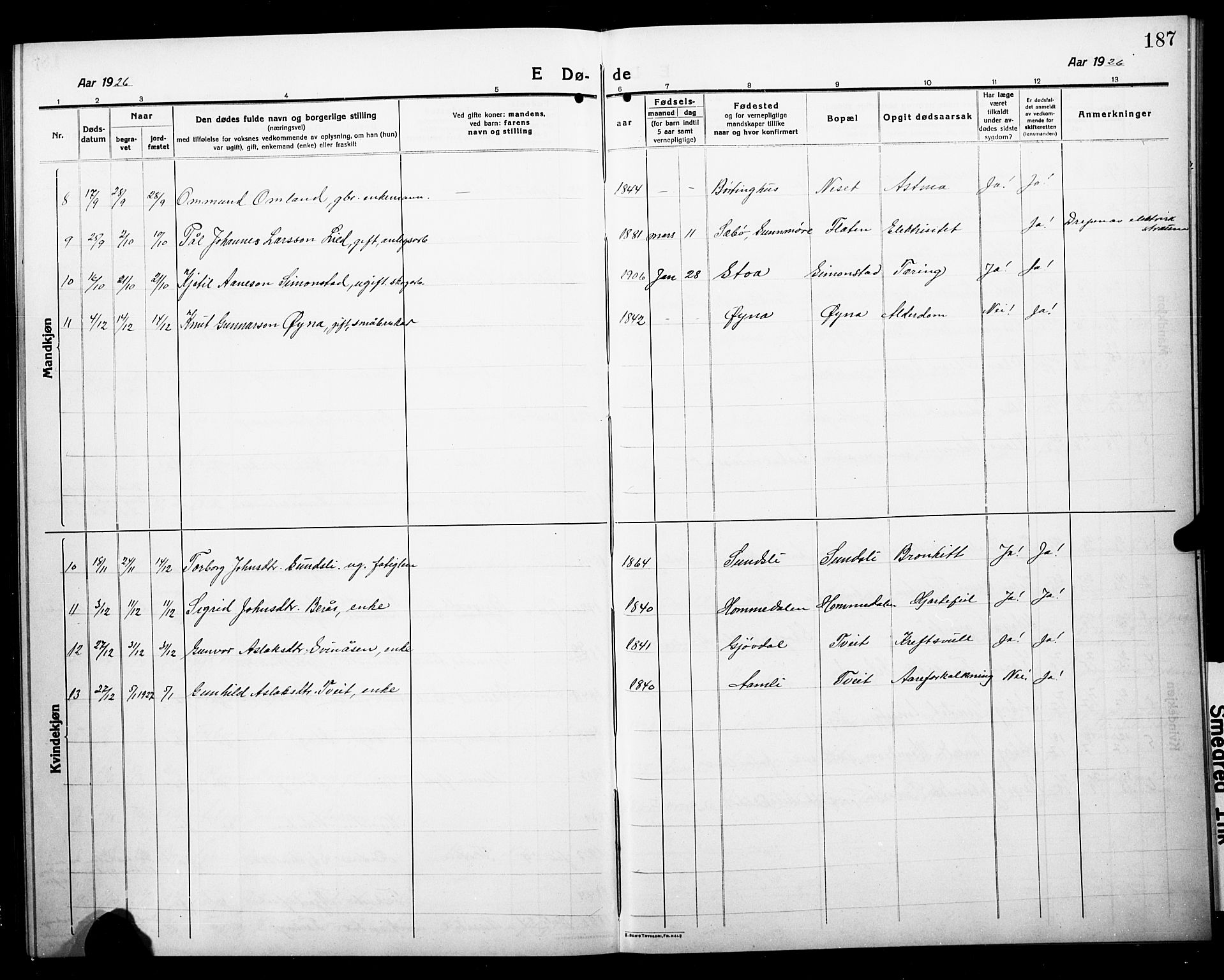 Åmli sokneprestkontor, AV/SAK-1111-0050/F/Fb/Fbc/L0006: Parish register (copy) no. B 6, 1915-1929, p. 187