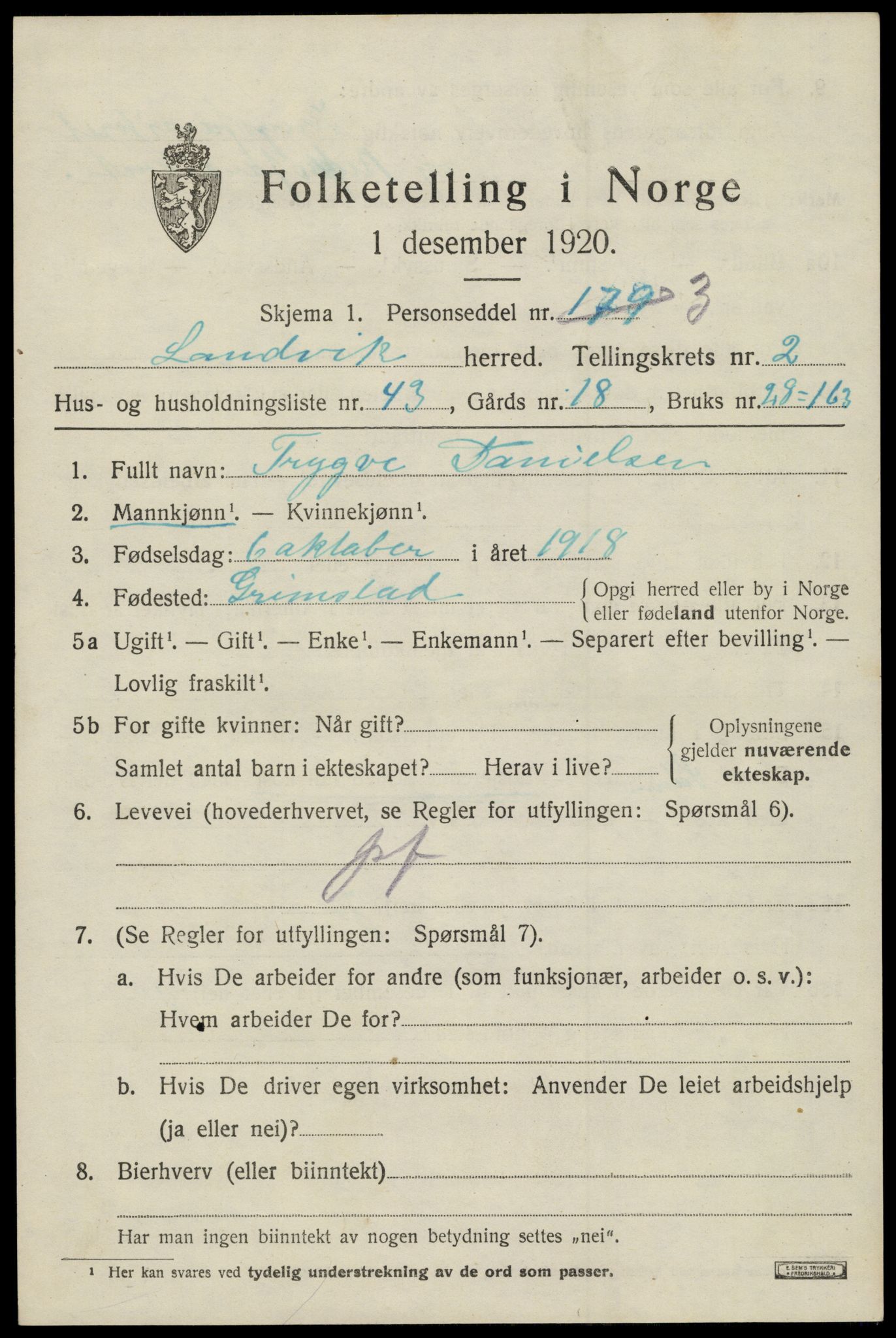 SAK, 1920 census for Landvik, 1920, p. 2124