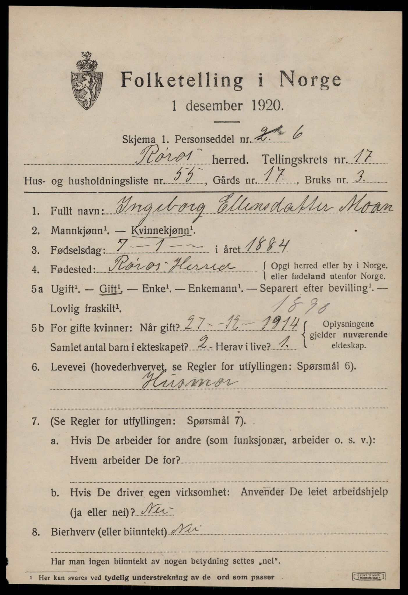 SAT, 1920 census for Røros, 1920, p. 12236