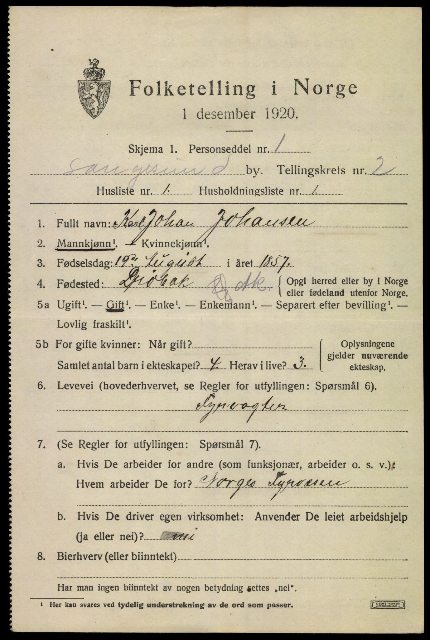 SAKO, 1920 census for Langesund, 1920, p. 3695