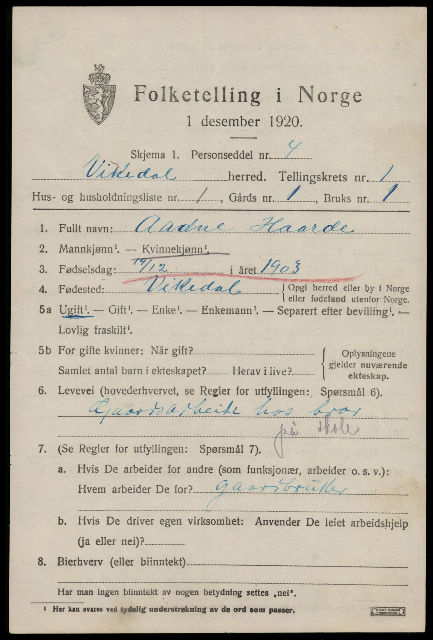 SAST, 1920 census for Vikedal, 1920, p. 1197