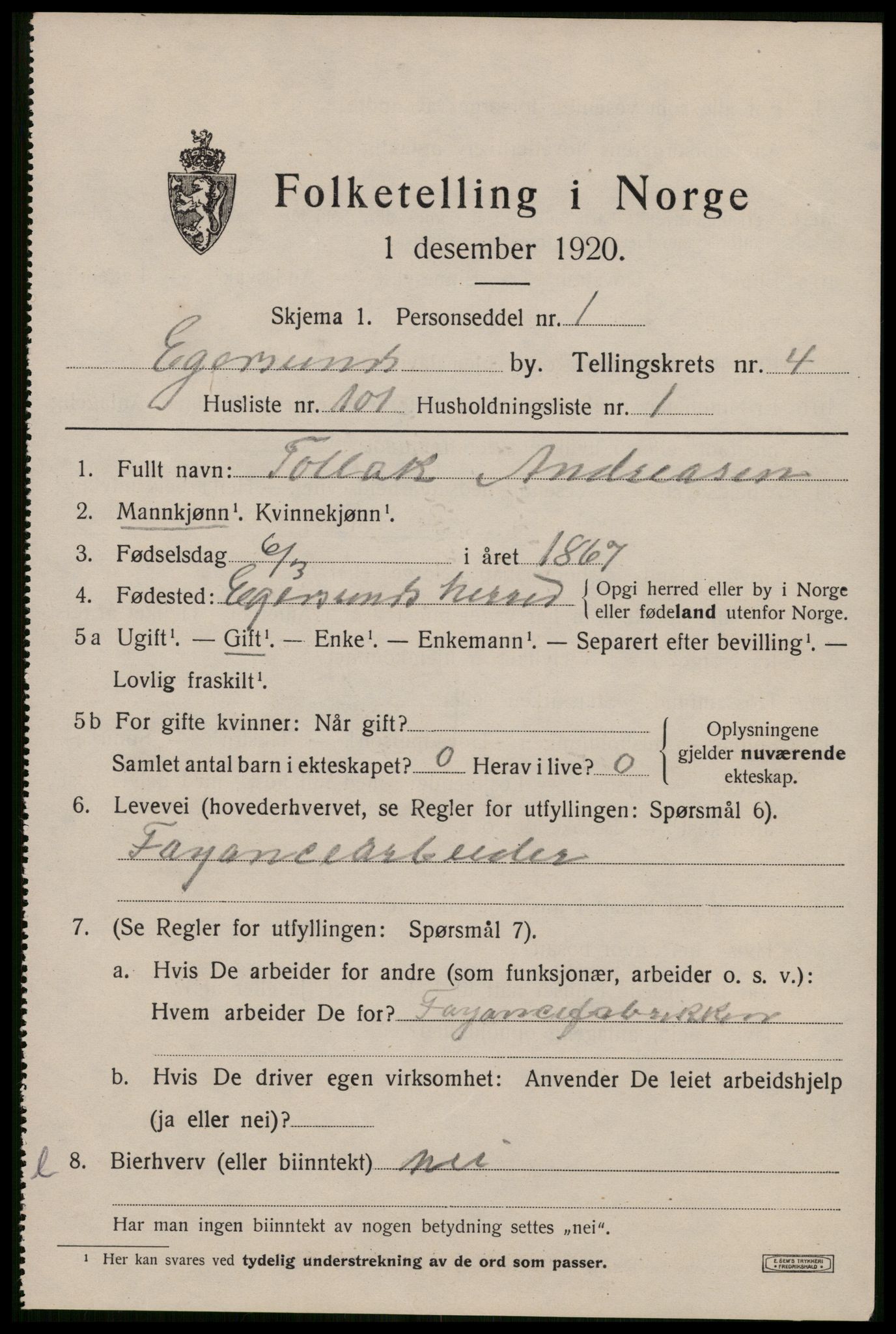 SAST, 1920 census for Egersund town, 1920, p. 7916