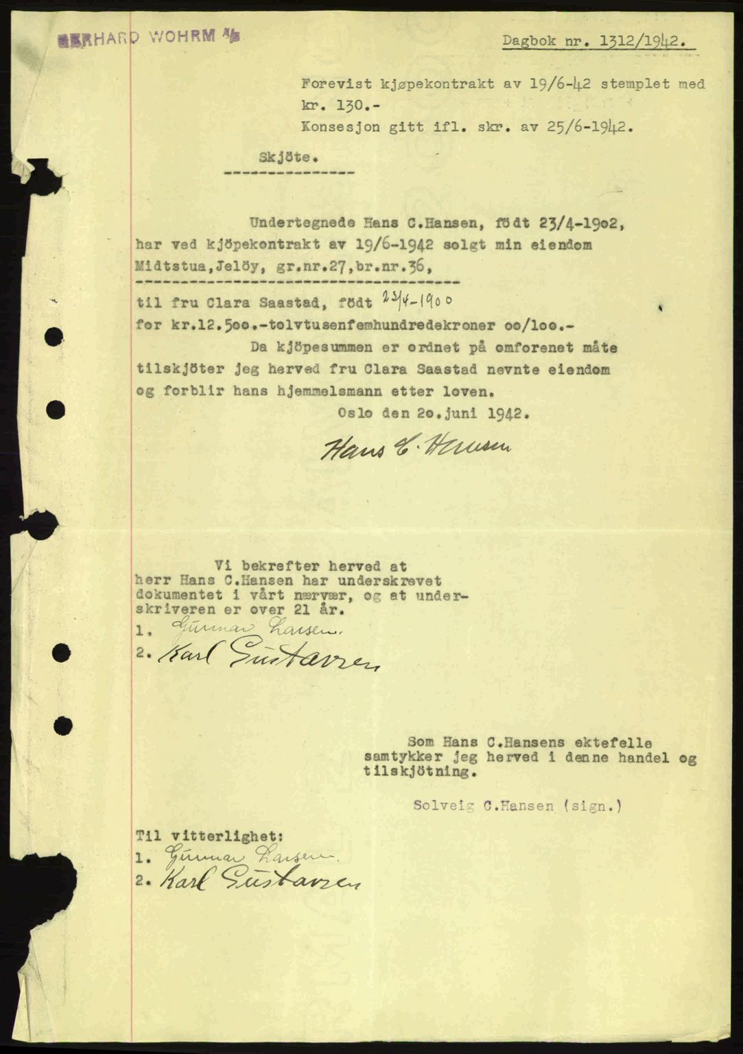 Moss sorenskriveri, SAO/A-10168: Mortgage book no. A9, 1941-1942, Diary no: : 1312/1942