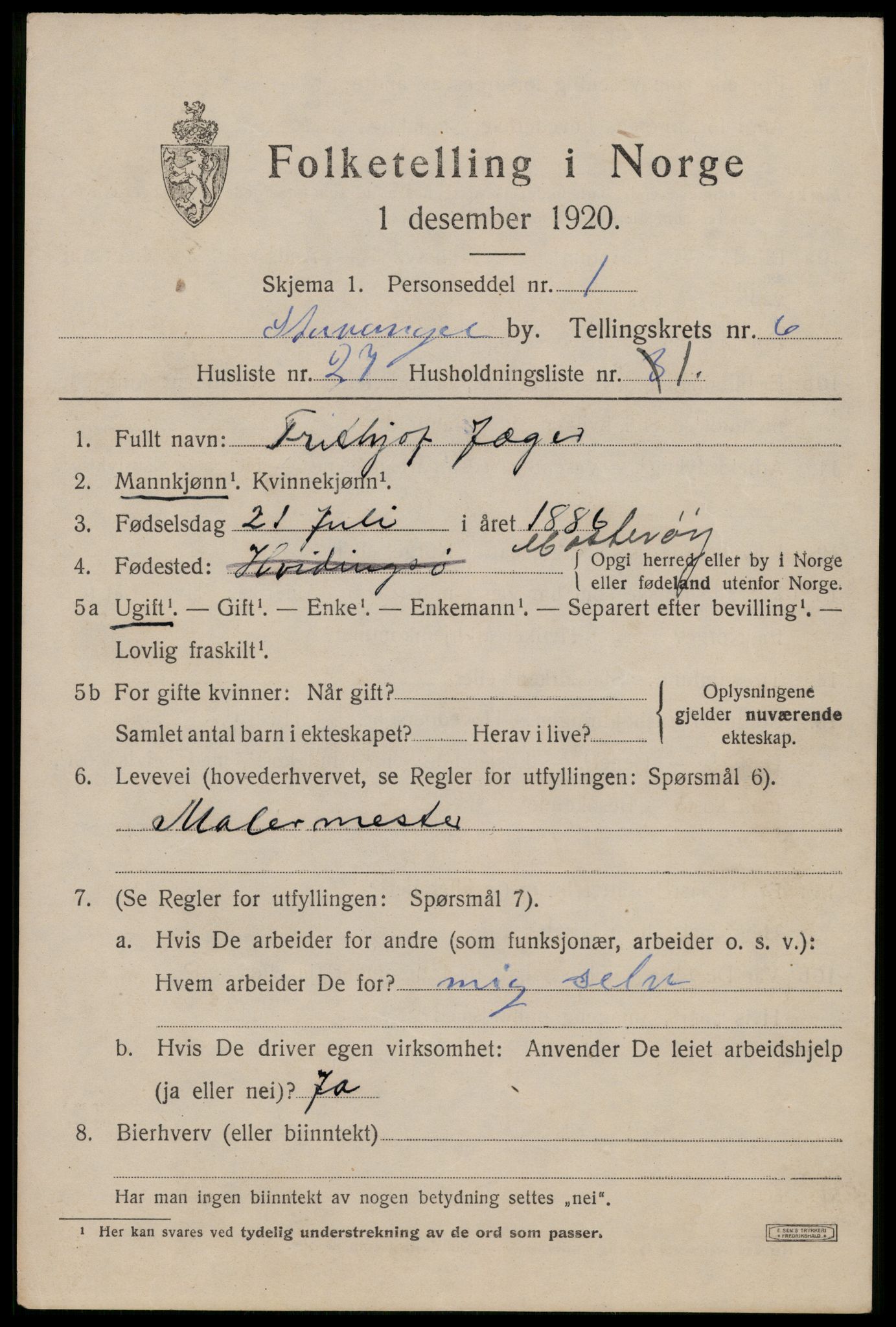 SAST, 1920 census for Stavanger, 1920, p. 42740