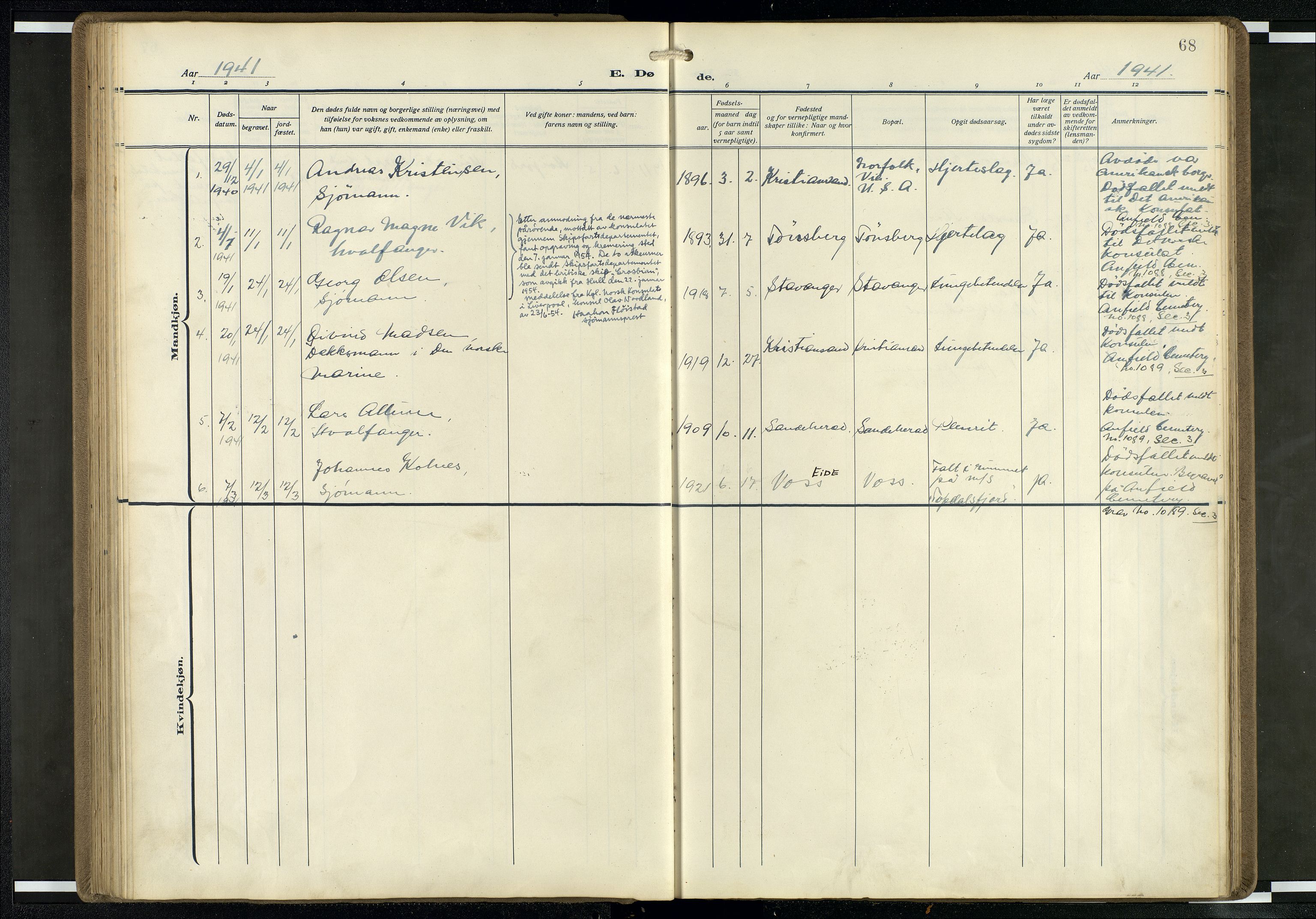 Den norske sjømannsmisjon i utlandet/Mersey-havnene (Liverpool), SAB/SAB/PA-0104/H/Ha/L0001: Parish register (official) no. A 1, 1919-1954, p. 67b-68a