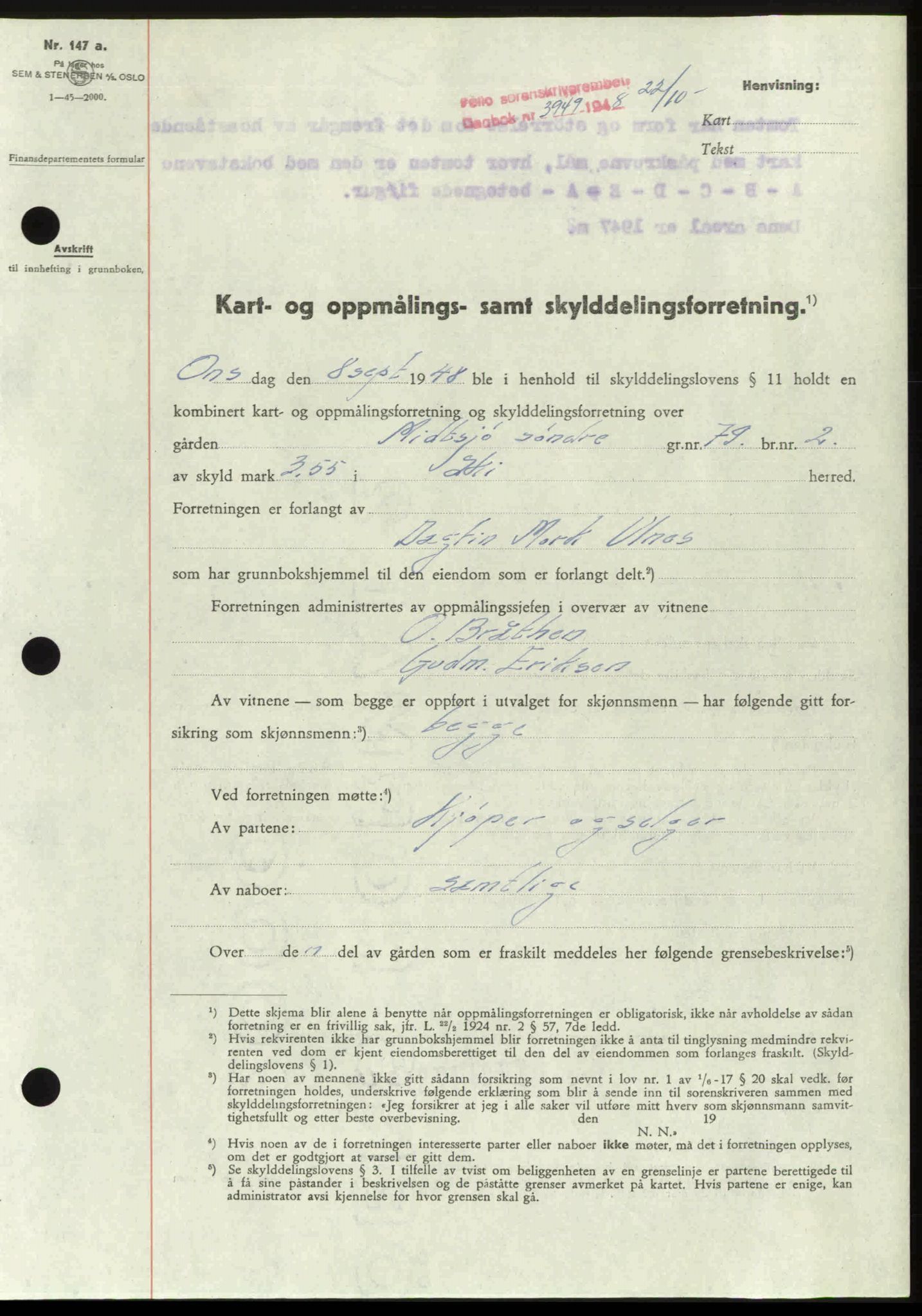 Follo sorenskriveri, SAO/A-10274/G/Ga/Gaa/L0085: Mortgage book no. I 85, 1948-1948, Diary no: : 3949/1948