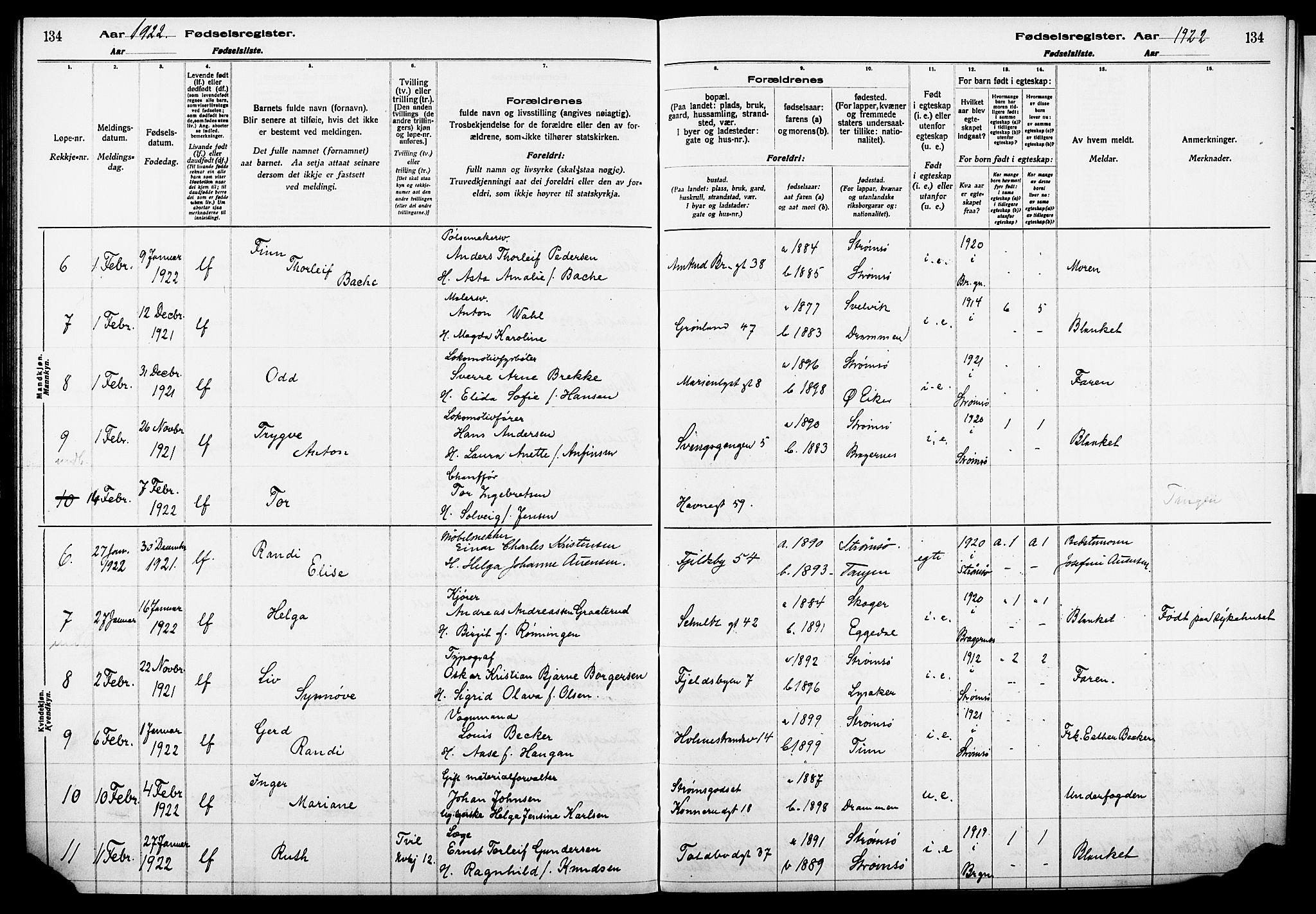 Strømsø kirkebøker, AV/SAKO-A-246/J/Ja/L0001: Birth register no. I 1, 1916-1925, p. 134