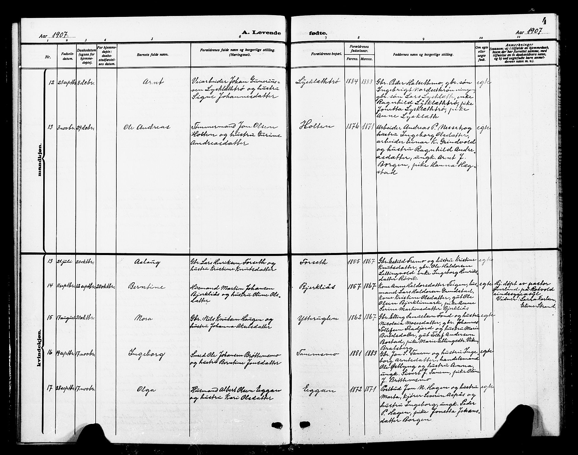 Ministerialprotokoller, klokkerbøker og fødselsregistre - Sør-Trøndelag, SAT/A-1456/618/L0453: Parish register (copy) no. 618C04, 1907-1925, p. 4