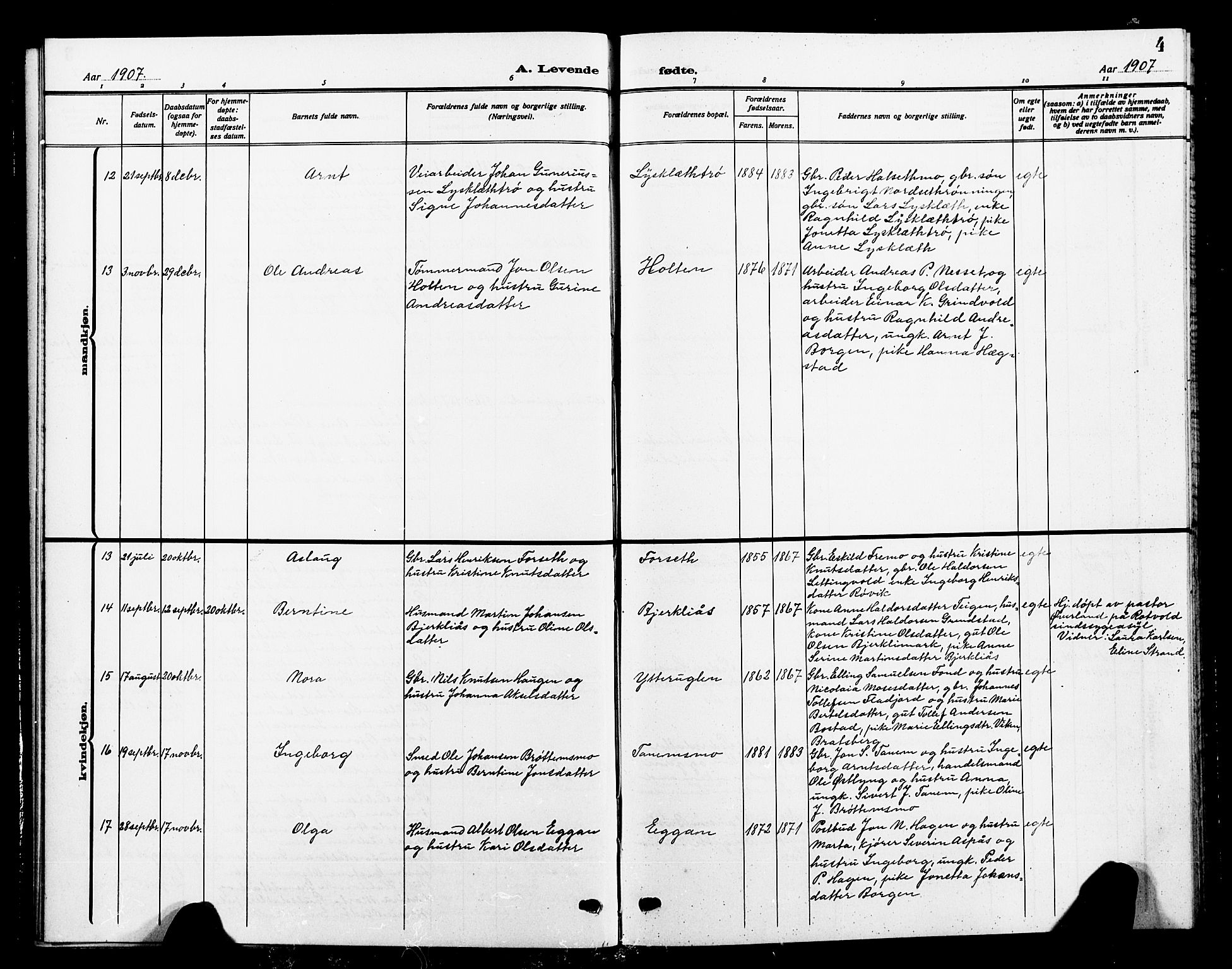 Ministerialprotokoller, klokkerbøker og fødselsregistre - Sør-Trøndelag, AV/SAT-A-1456/618/L0453: Parish register (copy) no. 618C04, 1907-1925, p. 4