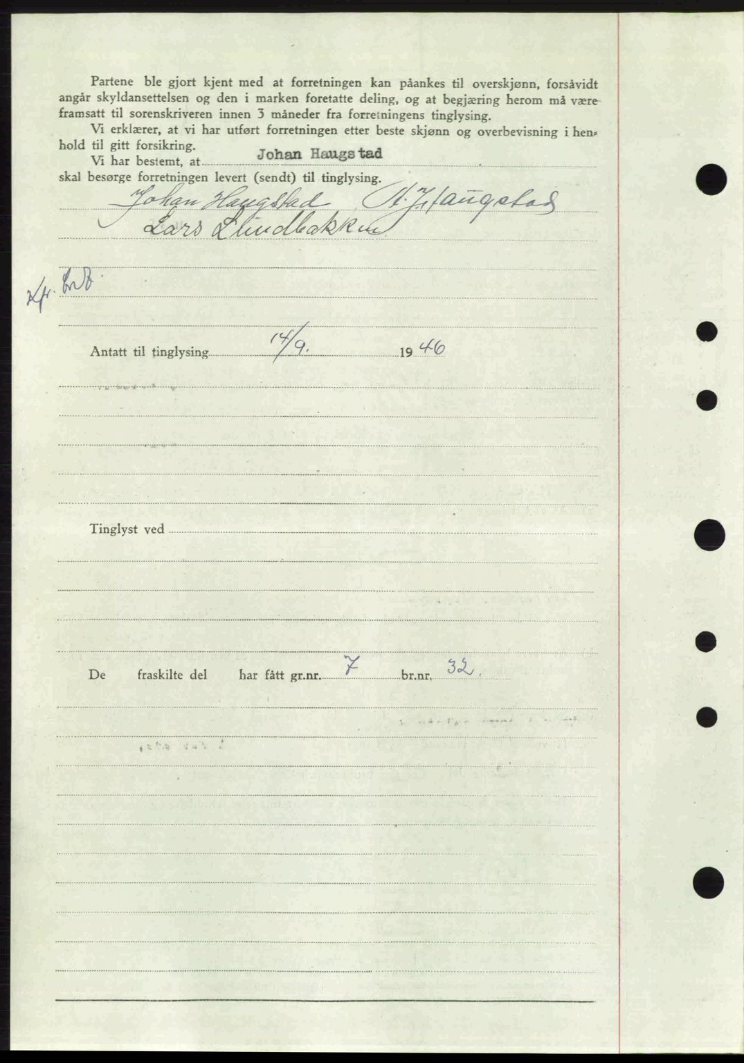 Sør-Gudbrandsdal tingrett, SAH/TING-004/H/Hb/Hbd/L0016: Mortgage book no. A16, 1946-1946, Diary no: : 1133/1946