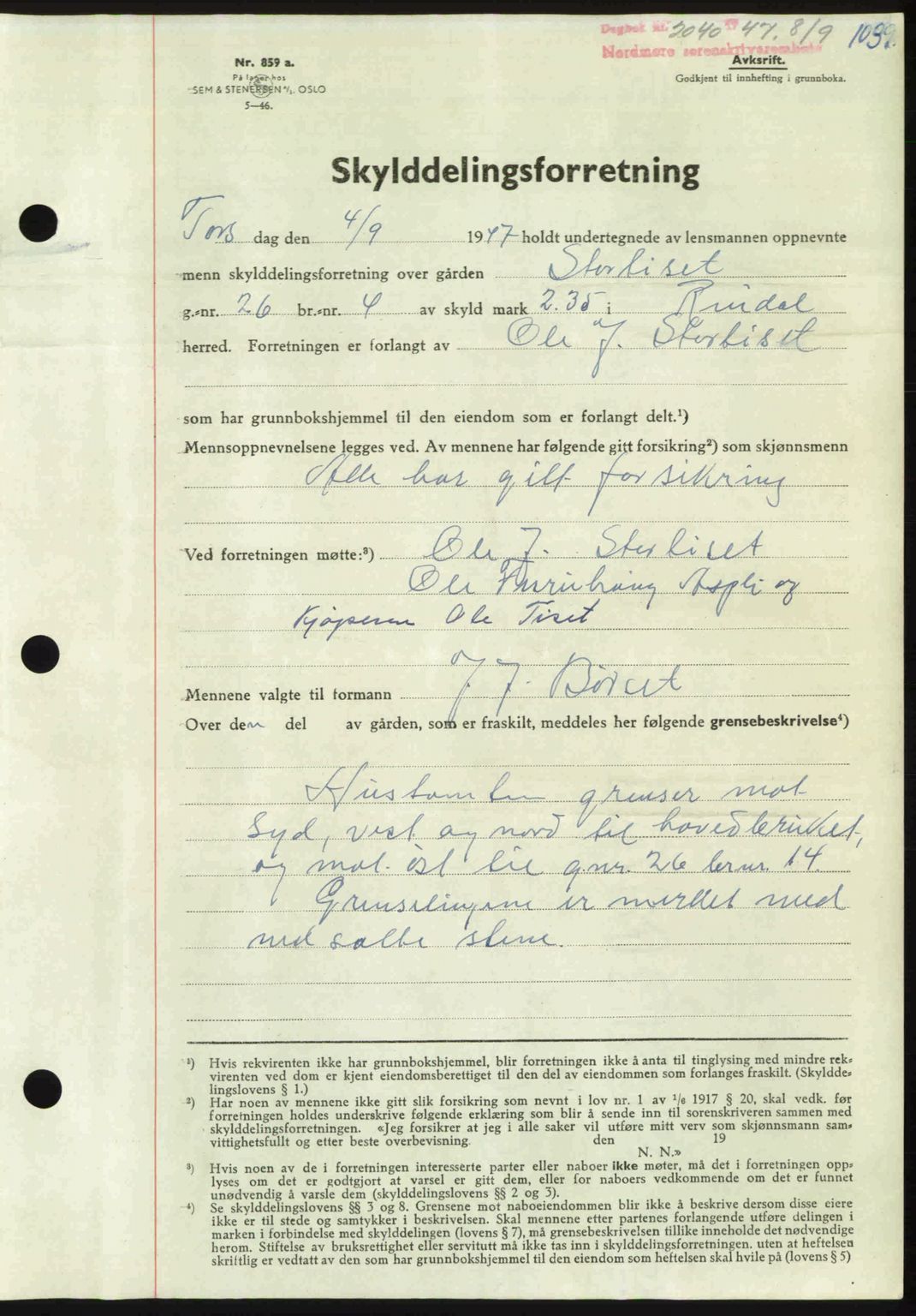 Nordmøre sorenskriveri, AV/SAT-A-4132/1/2/2Ca: Mortgage book no. A105, 1947-1947, Diary no: : 2040/1947