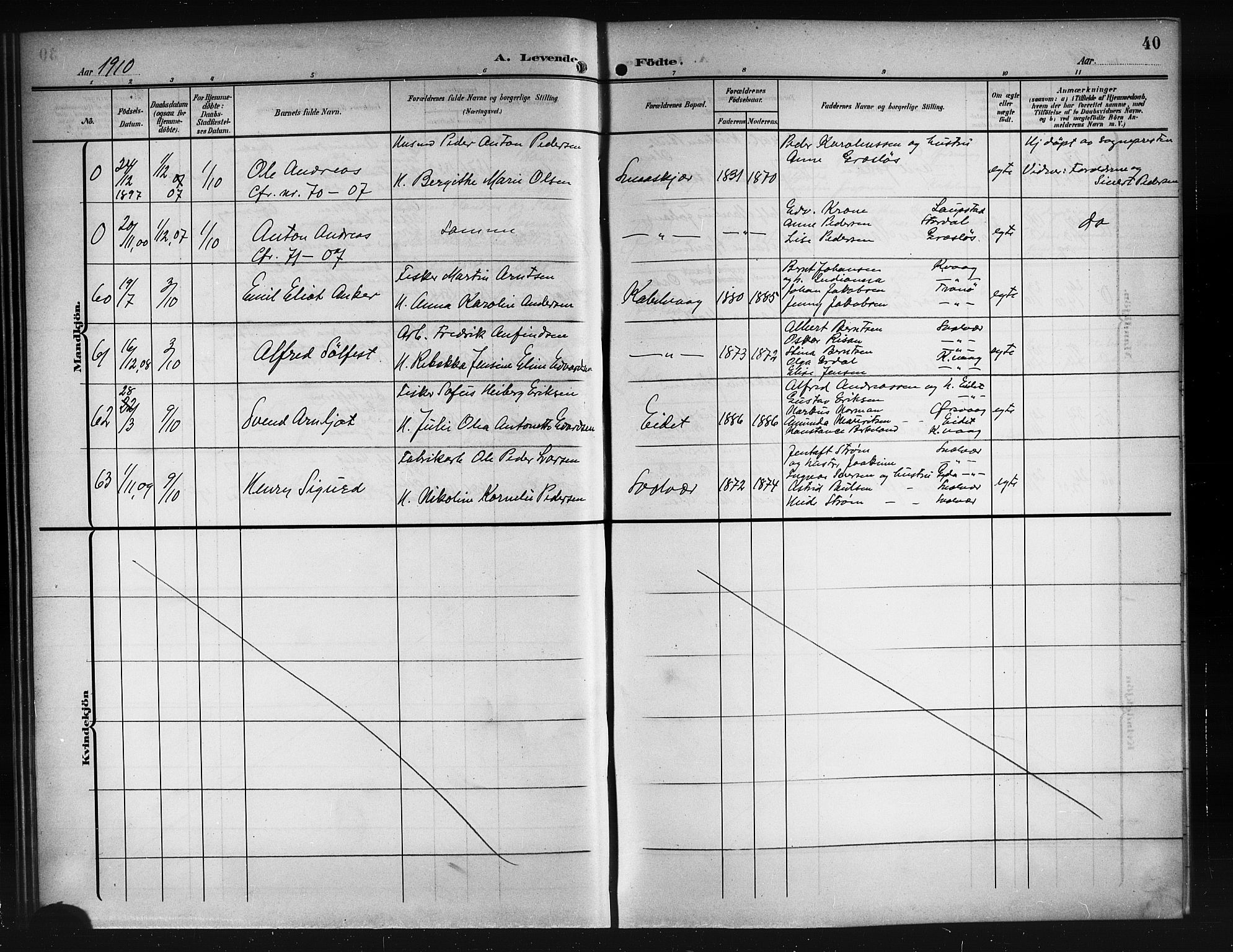 Ministerialprotokoller, klokkerbøker og fødselsregistre - Nordland, AV/SAT-A-1459/874/L1079: Parish register (copy) no. 874C08, 1907-1915, p. 40