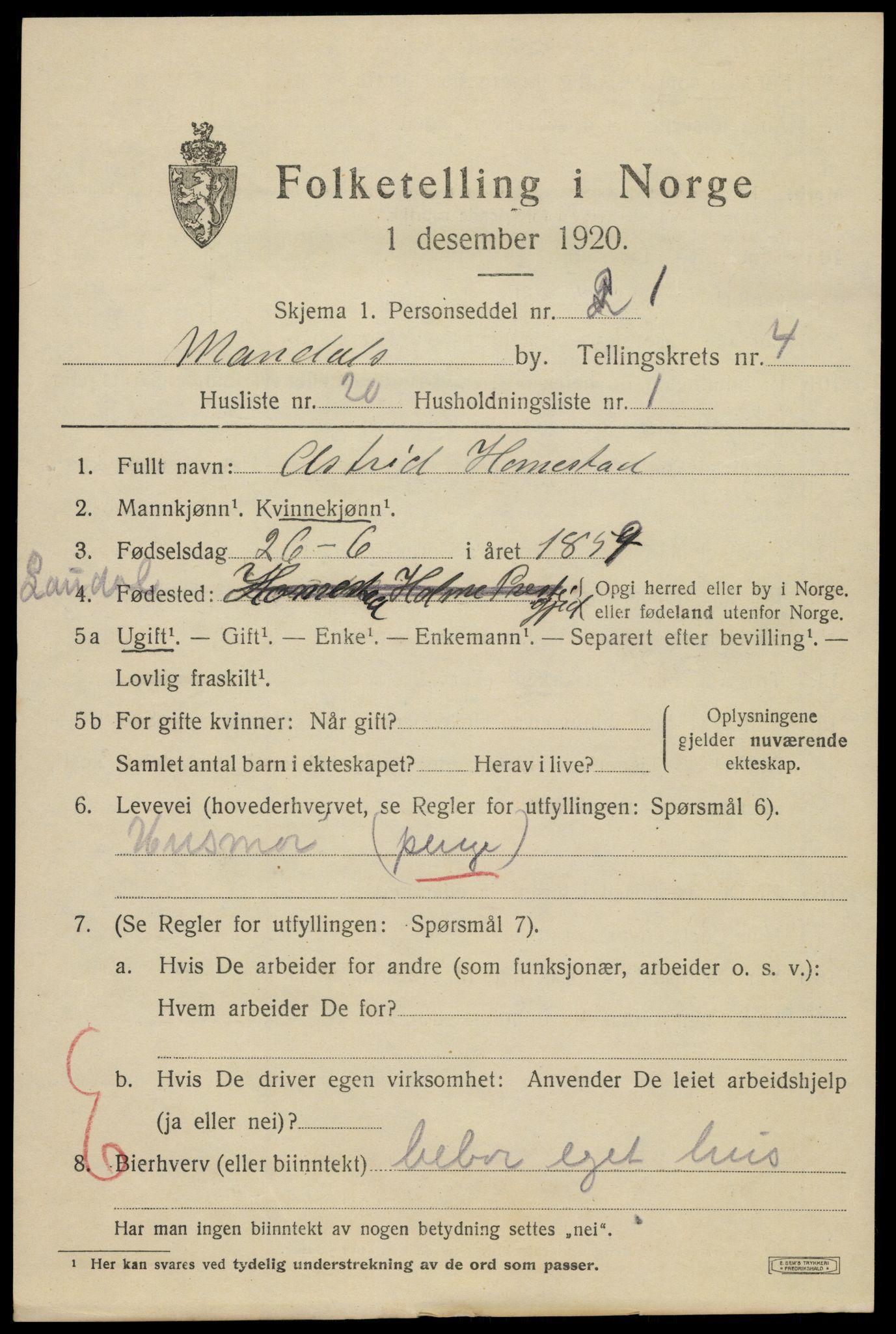 SAK, 1920 census for Mandal, 1920, p. 7231