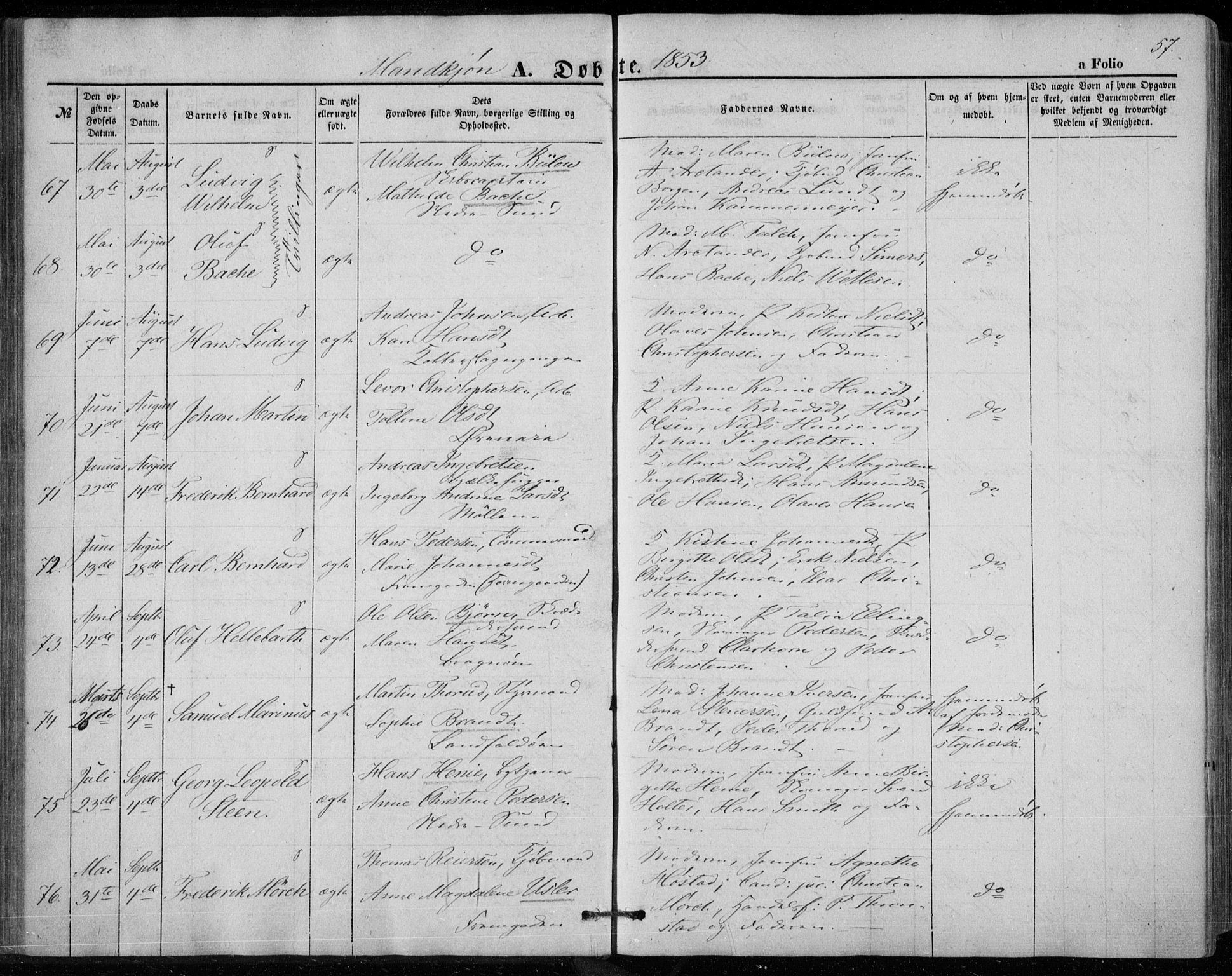 Bragernes kirkebøker, SAKO/A-6/F/Fb/L0002: Parish register (official) no. II 2, 1848-1859, p. 57