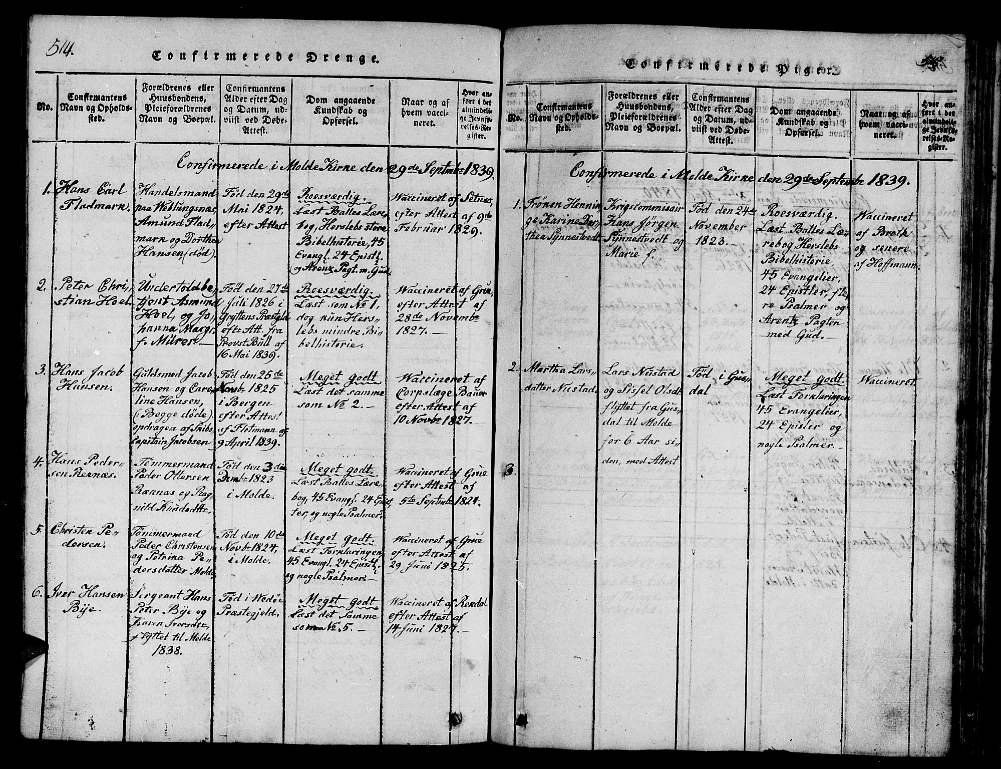 Ministerialprotokoller, klokkerbøker og fødselsregistre - Møre og Romsdal, SAT/A-1454/558/L0700: Parish register (copy) no. 558C01, 1818-1868, p. 514-515